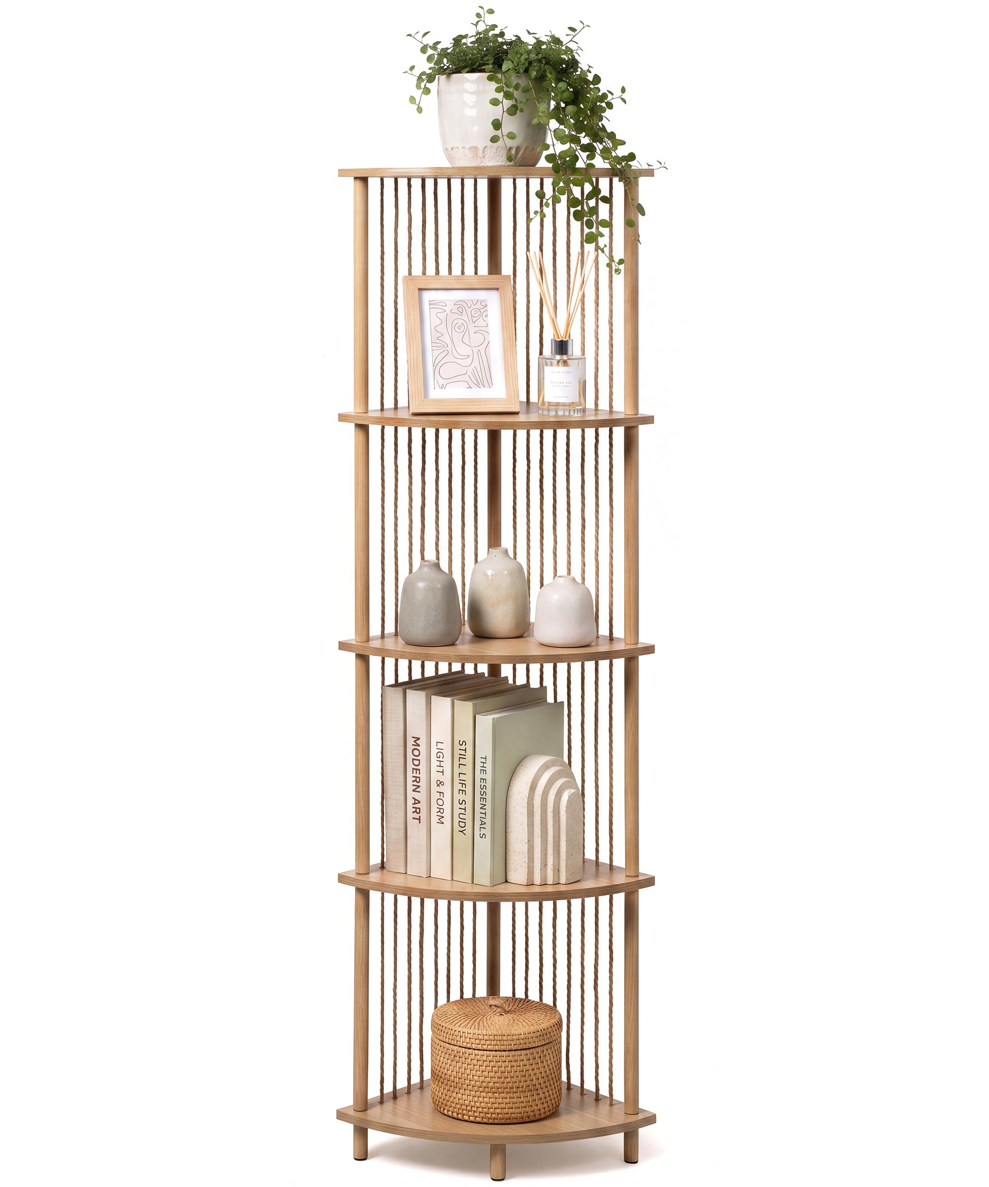 Afuly Eckregal Weiß Eiche, 131 cm Standregal Mit 5 Ebenen Und Papierseil
