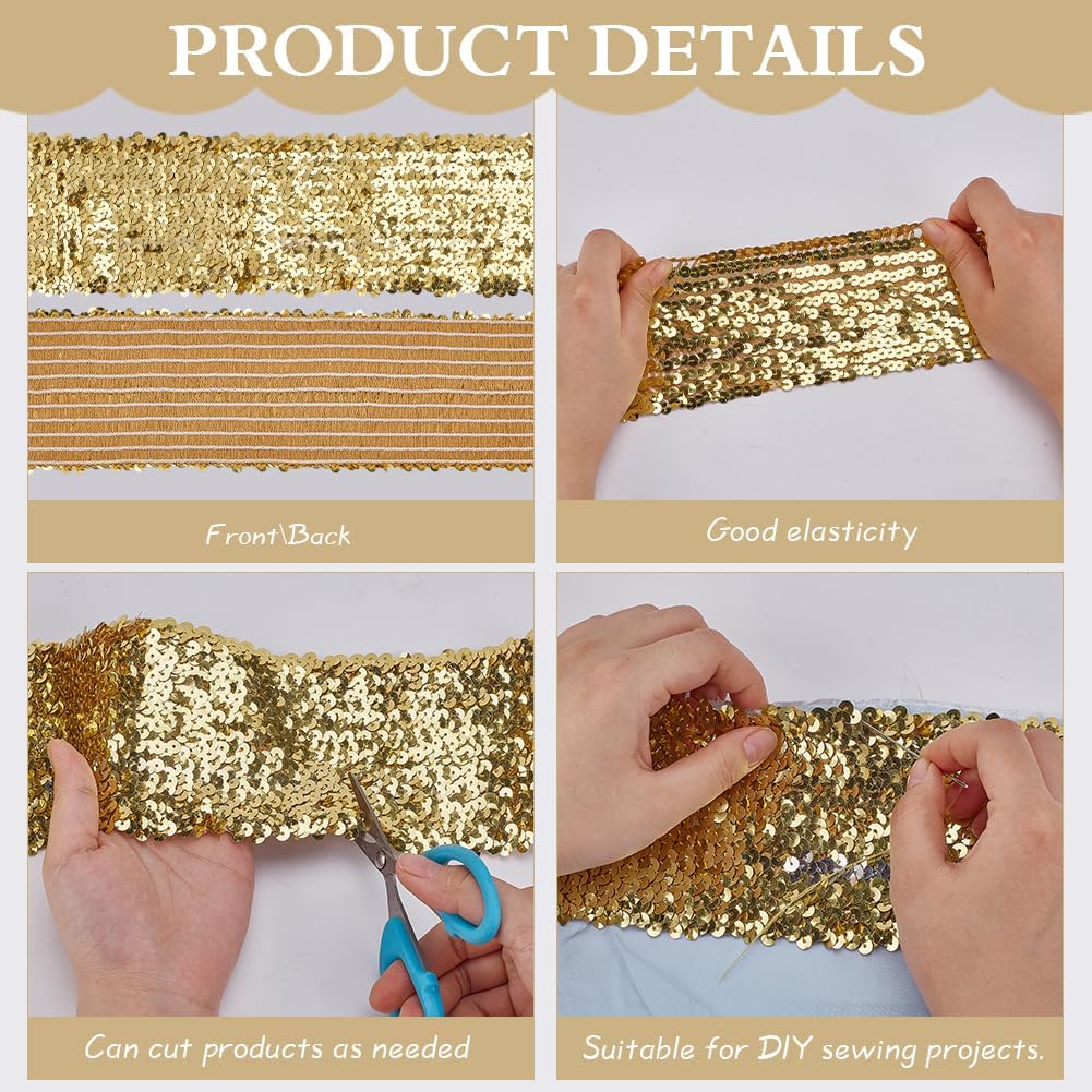 FINGERINSPIRE 2.5 Yards Sequin Trim 4inch Wide Gold Elastic Sequin Ribbon Flat Paillette Lace Trim Stretch Bling Paillette Ribbon Metallic Fabric for Dress Headband Sewing Craft