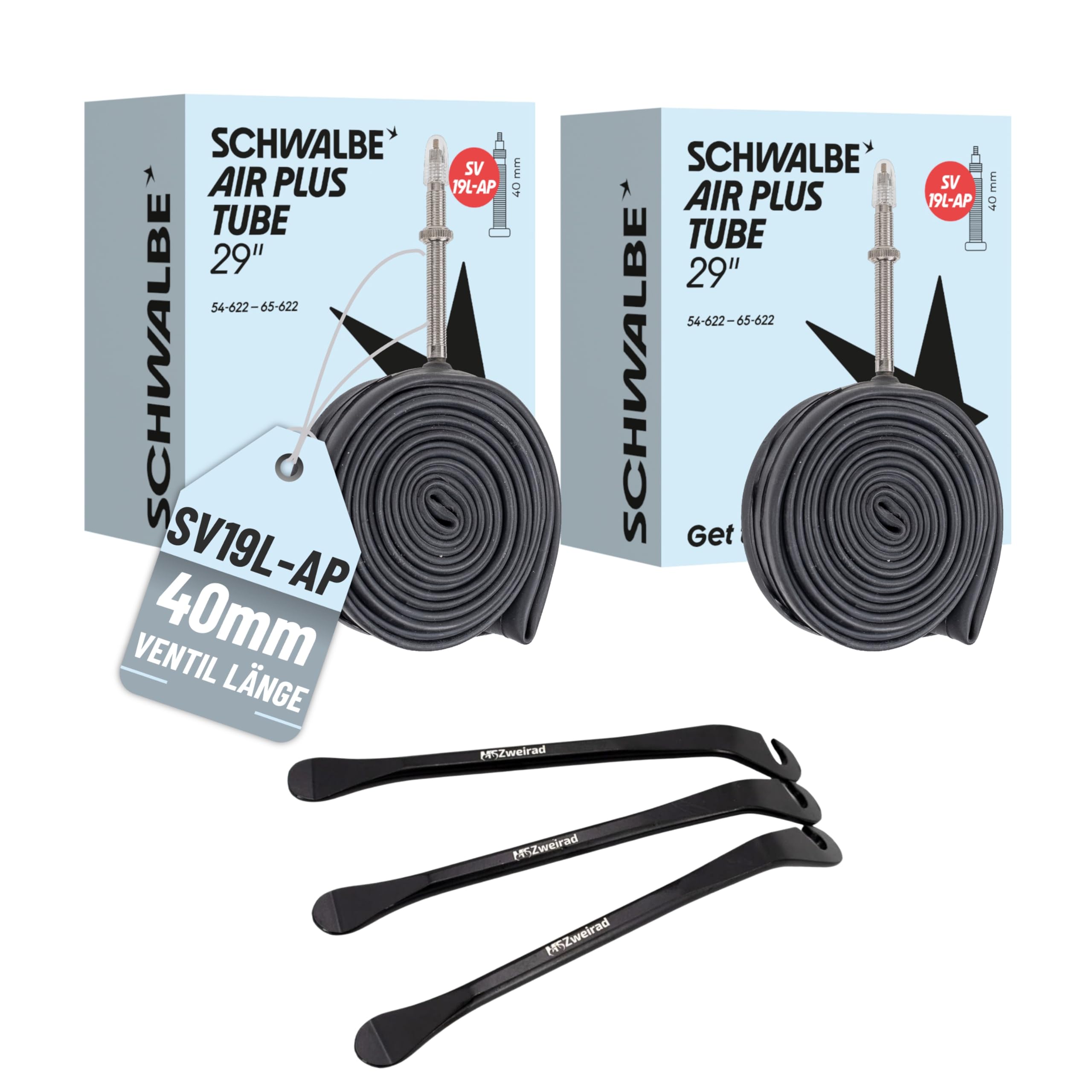 2er Set Schwalbe Fahrrad Schlauch SV19 Air Plus 40mm für 29 29+ Zoll (54/65-622/635) inklusive 3 MSZweirad Reifenheber