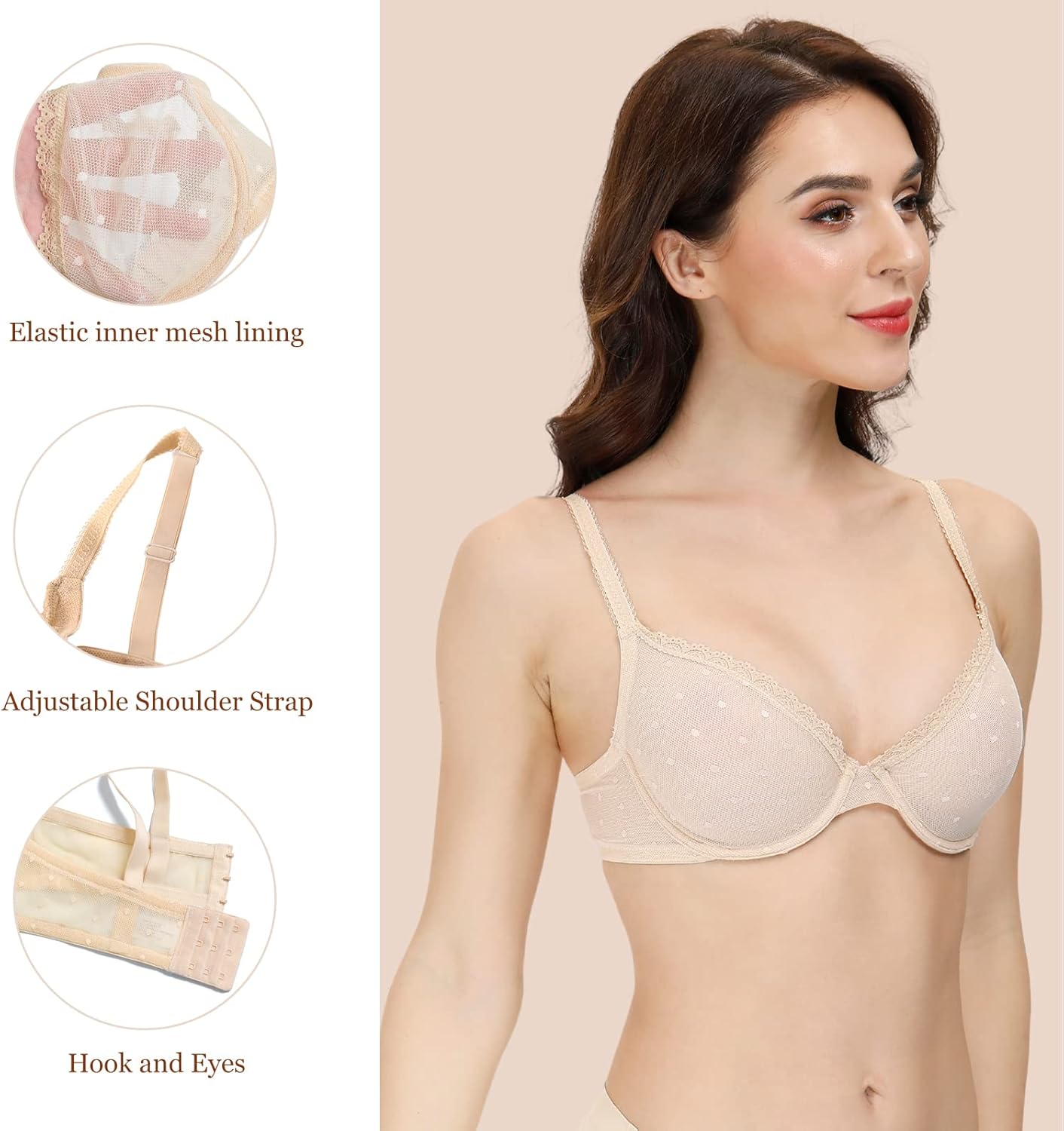 PaZo Women's See Through Unlined Sexy Lace Mesh Sheer Unpadded Demi Cup Bra Underwire Bralettes