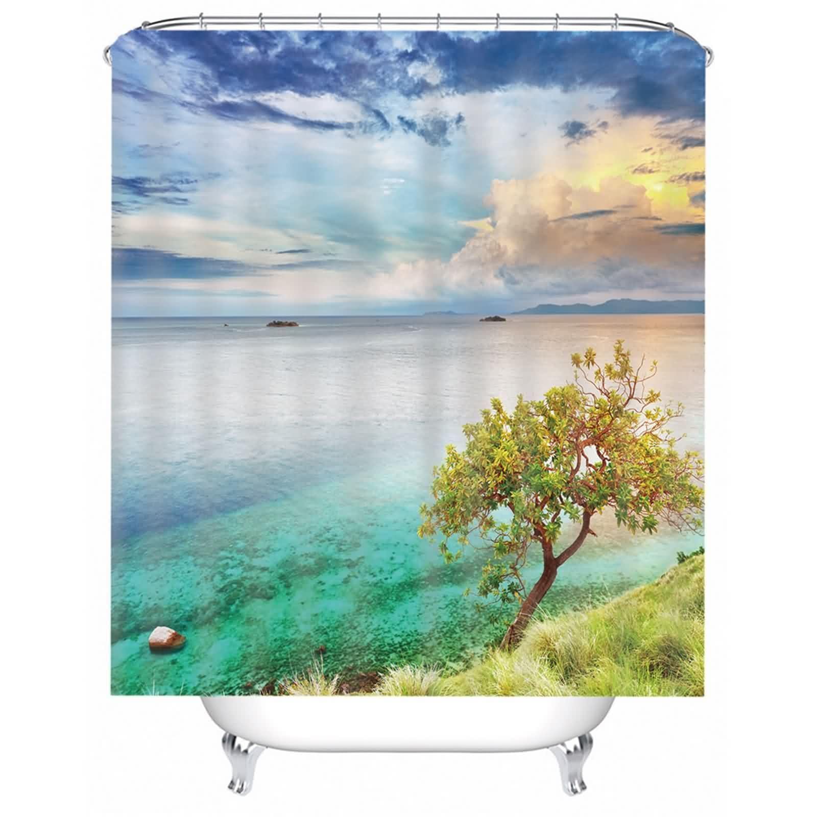 Rideau de douche en textile vert paysage côtier en polyester lavable