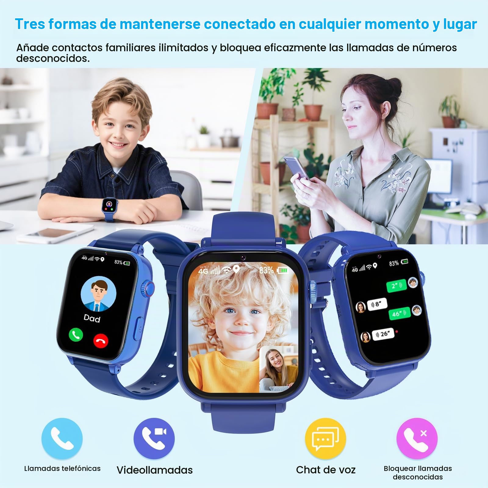 Berilona 4G Reloj Inteligente Niño, Smartwatch Niño con Videollamada y GPS, Teléfono, Chat de Voz, SOS, Modo Escuela, Despertador, Podómetro, Juegos,Regalo Ideal para Niños de 4-12 Años, Azul