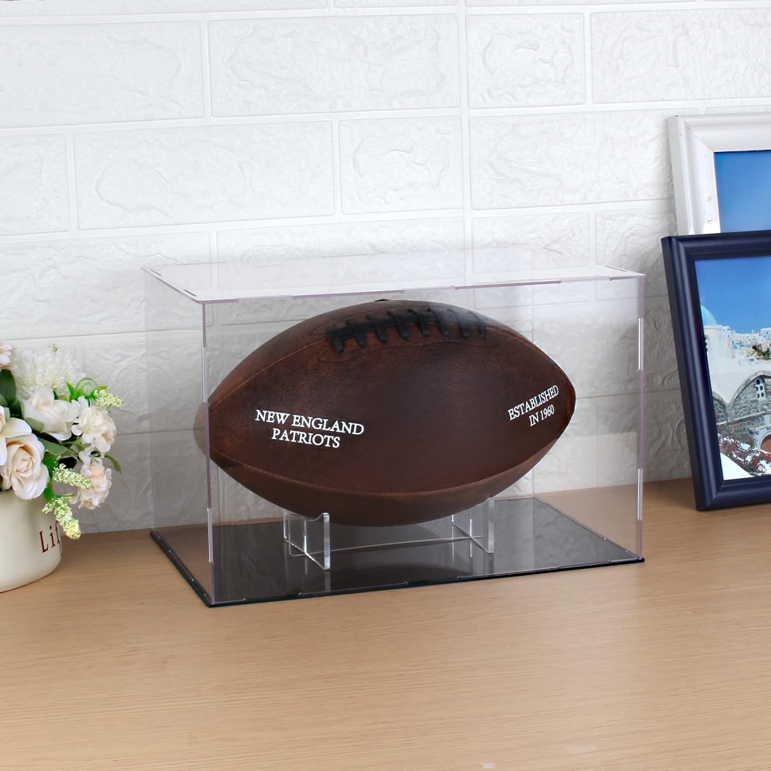 Clear Football Display Case,Memorabilia Display Box Cases for Football or Memorial Sports Gloves,with Steel Brackets Hanger & Removable Interior Football Display Stand(11.8x7.9x7.9 inch; 30x20x20 cm)