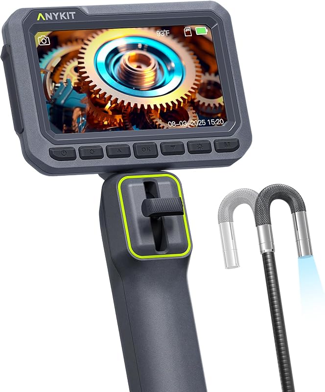 Boroscopio articulado bidireccional Anykit de 210°, endoscopio de sonda delgada de 0,22 pulgadas | Cámara tipo serpiente de inspección de vídeo IPS HD de 4,3" con luces LED de alto brillo, para inspección de motores automotrices - 4 pies