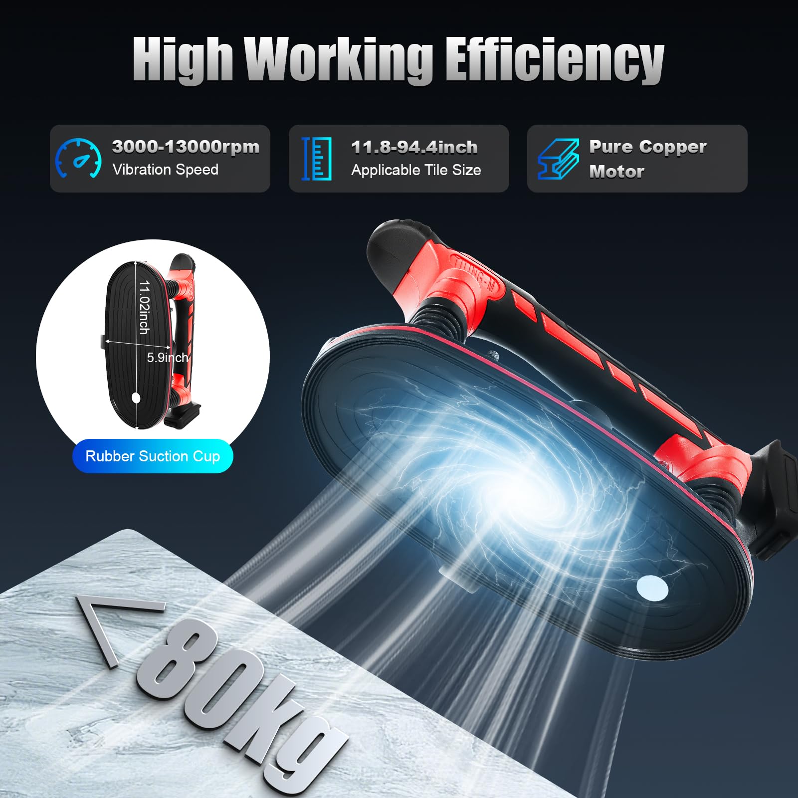 Strumento vibrante per piastrelle con ventosa elettrica sottovuoto, 21 V, 2000 mAh, strumenti vibranti a mano, 6 velocità regolabili con per granito vetro, piastrelle in porcellana