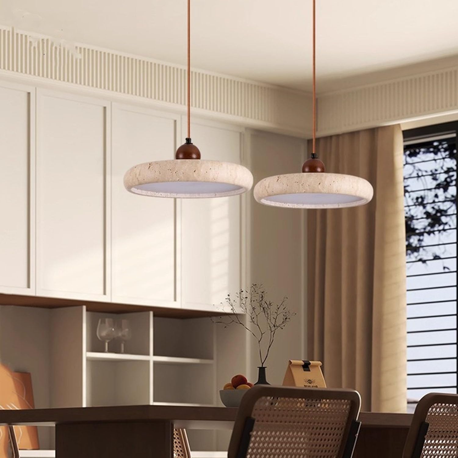 Wabi Sabi Pendelleuchte | Höhenverstellbar & Dimmbar LED mit Naturstein (Gelber Höhlenstein) & Holz | Für Schlafzimmer, Kücheninsel, Essbereich, Wohnzimmer (Walnuss, Ø30cm, Warmweiß)