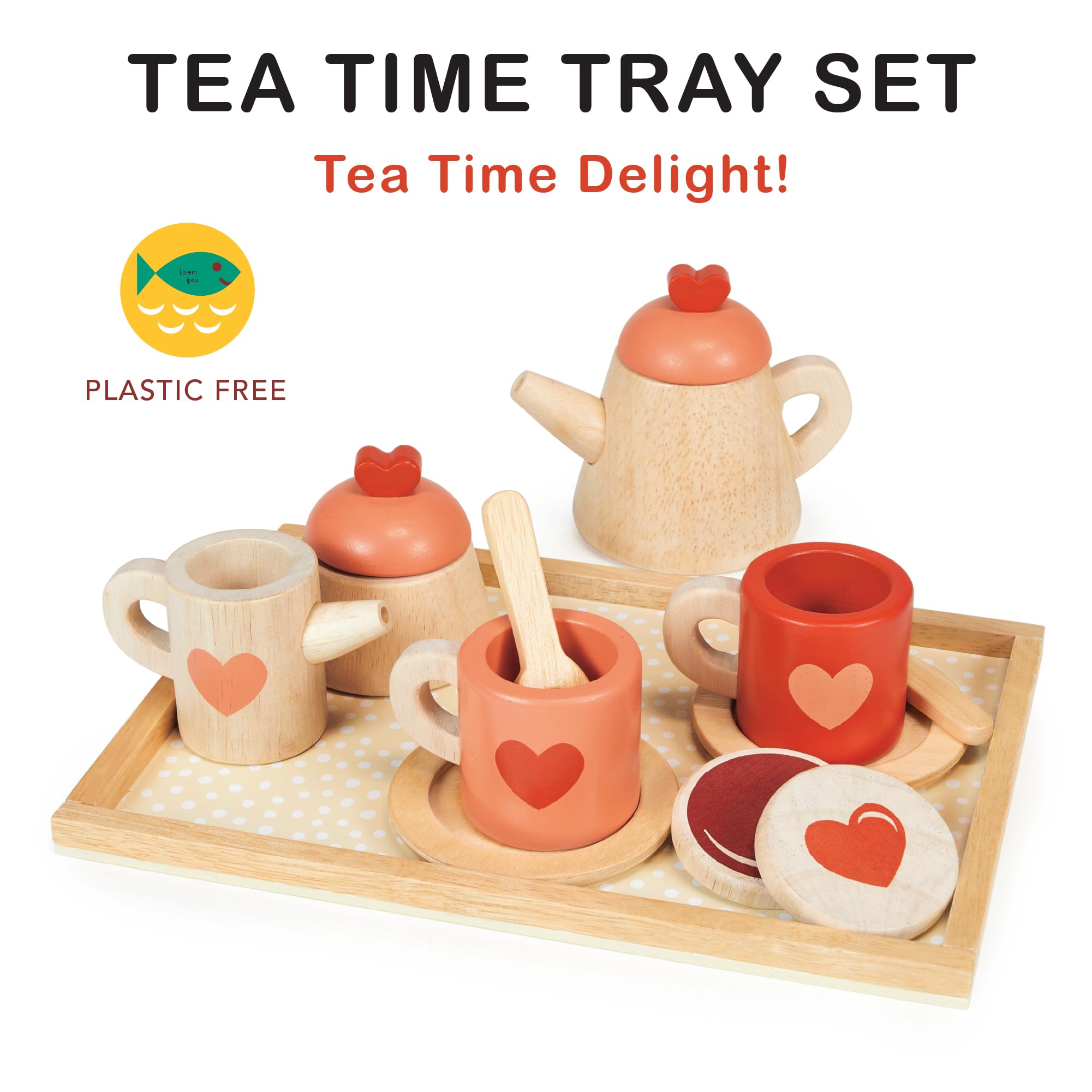 Mentari Toys - Tea Time Tray Set - Wooden Pink Teapot, Cups and Trays for Pretend Afternoon Tea Party - Social, Creative, and Imaginative Development - Learning Role Play - Age 3+