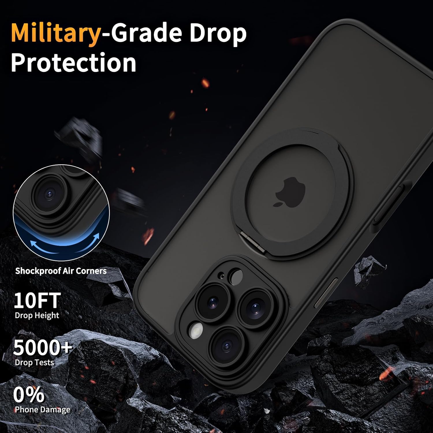 COOLQO for iPhone 16 Pro Max Case, Compatible with MagSafe, Translucent Matte, 360° Ring Holder Stand, Black - Image 6