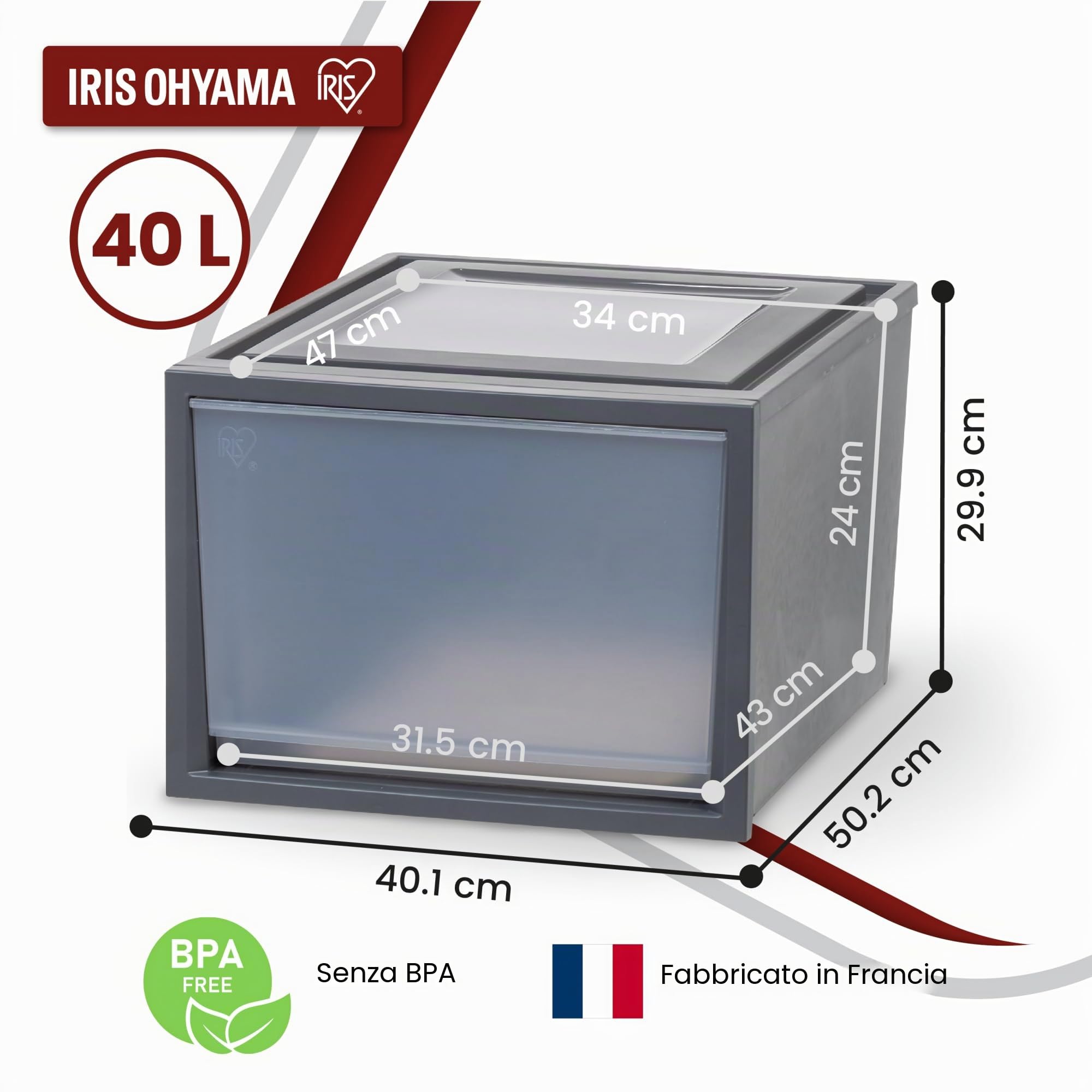 Iris Ohyama, Cassetti in plastica impilabili per vestiti, maglioni, 40L, set di 3, grandi, grigio scuro, cassetto facile da aprire, per armadio, camera da letto, senza BPA, organizzatore, BC-NS-500D