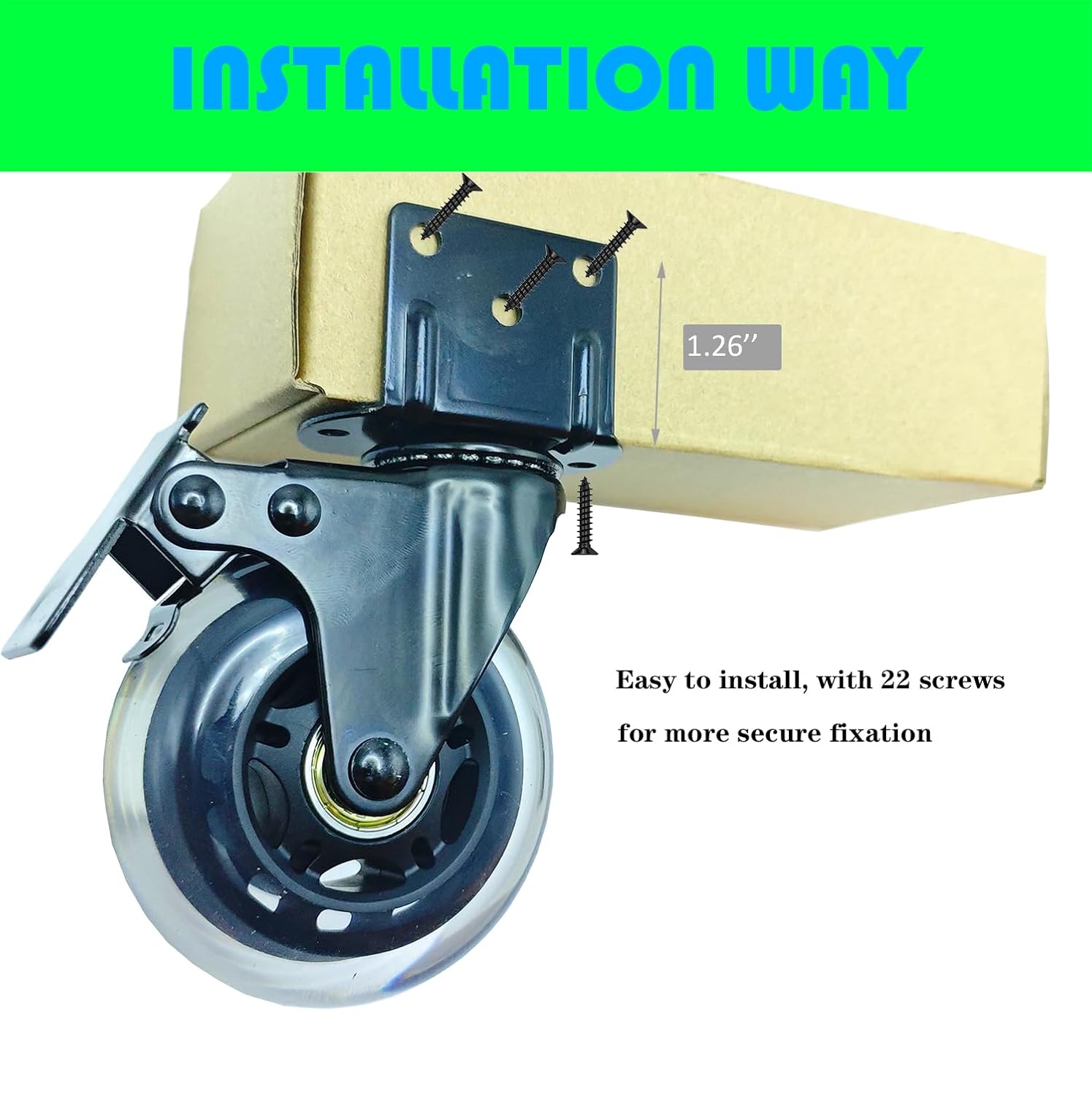 Side Mount Casters Set of 4 with 4 Metal Brakes,Wheels for Furniture Side Mount,3 Inch L-Shaped,Capable for Baby Bed,Table,Cabinet, Furniture,Loading Capacity 600 Lbs