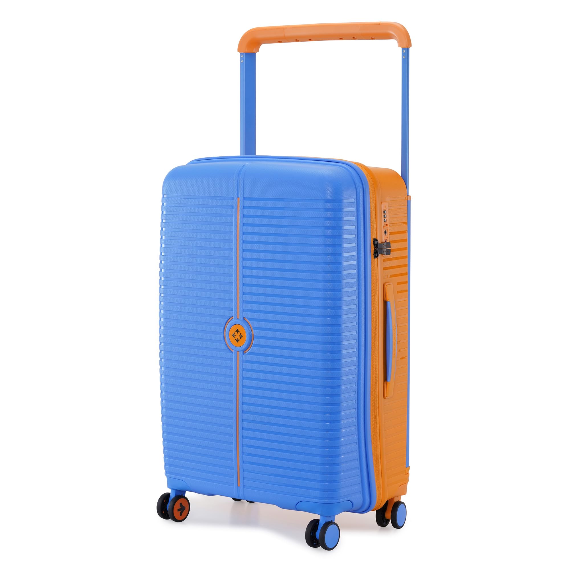 Dubai TSA Lock Hard-Sided Polypropylene Wide Telescopic Handle 8 Wheels Double Spinner Check-in Luggage Blue Orange 24 inch |65cm Trolley Bag|Medium Check-in Luggage