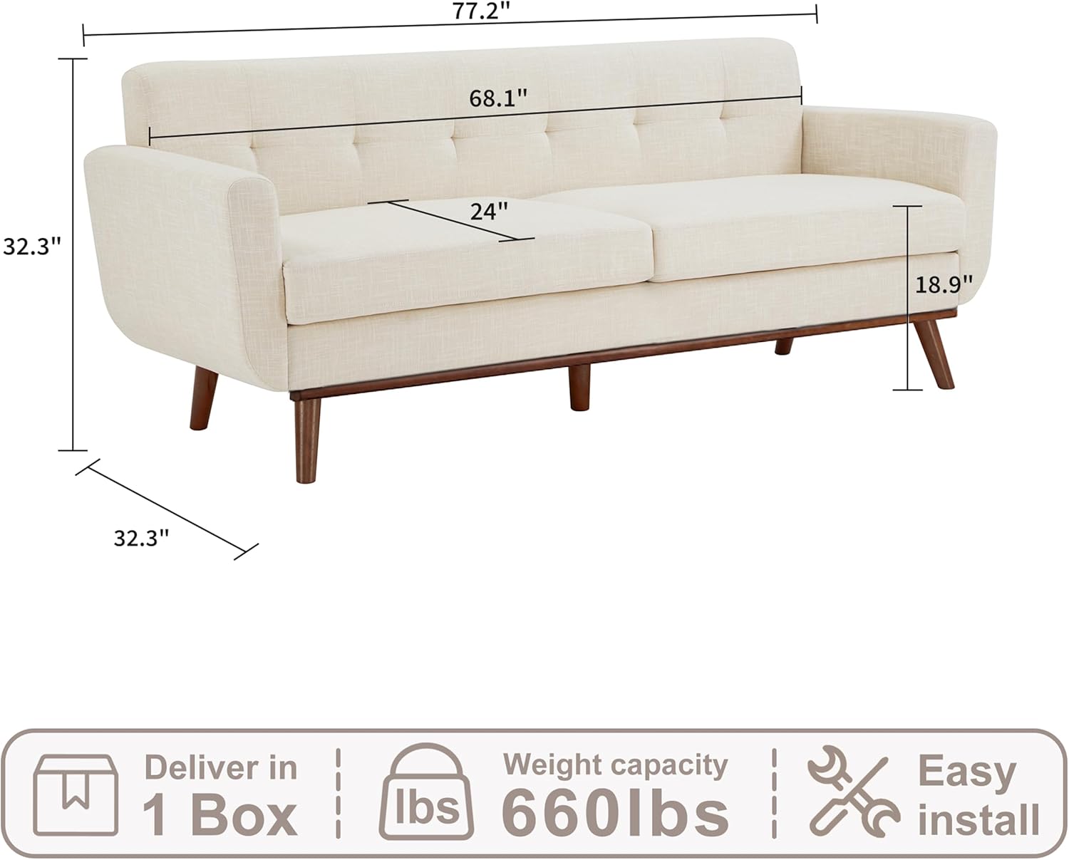 Kingfun 77.2" W Loveseat Sofa, Mid Century Modern Decor Love Seat Couches for Living Room, Button Tufted Upholstered Furniture, Solid & Easy to Install Small Couch for Bedroom Office Apartment, Beige | linen fabric, button tufted, solid wood foot, pocket spring, wood slats frame