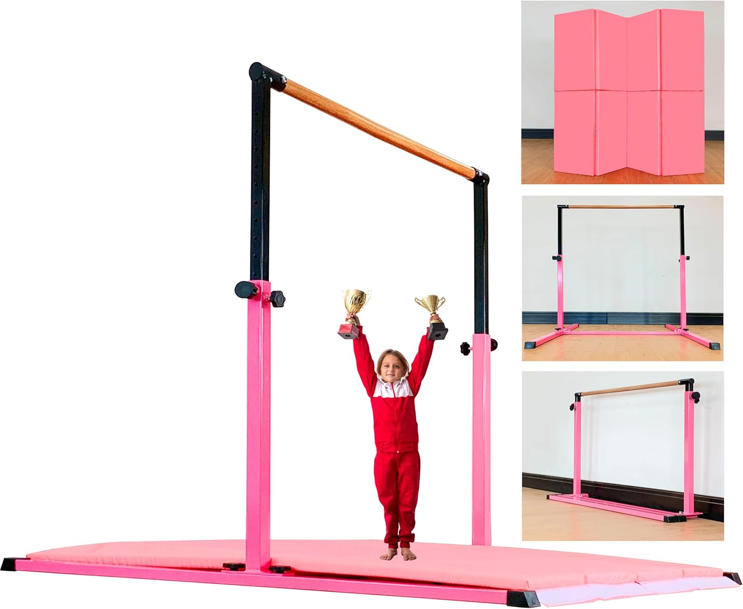 4FT/5FT Gymnastic Bar Set Gymnastics Horizontal Bar Gymnastics Kip Bar for Kids Home Use 5FT Bar With Mat Pink