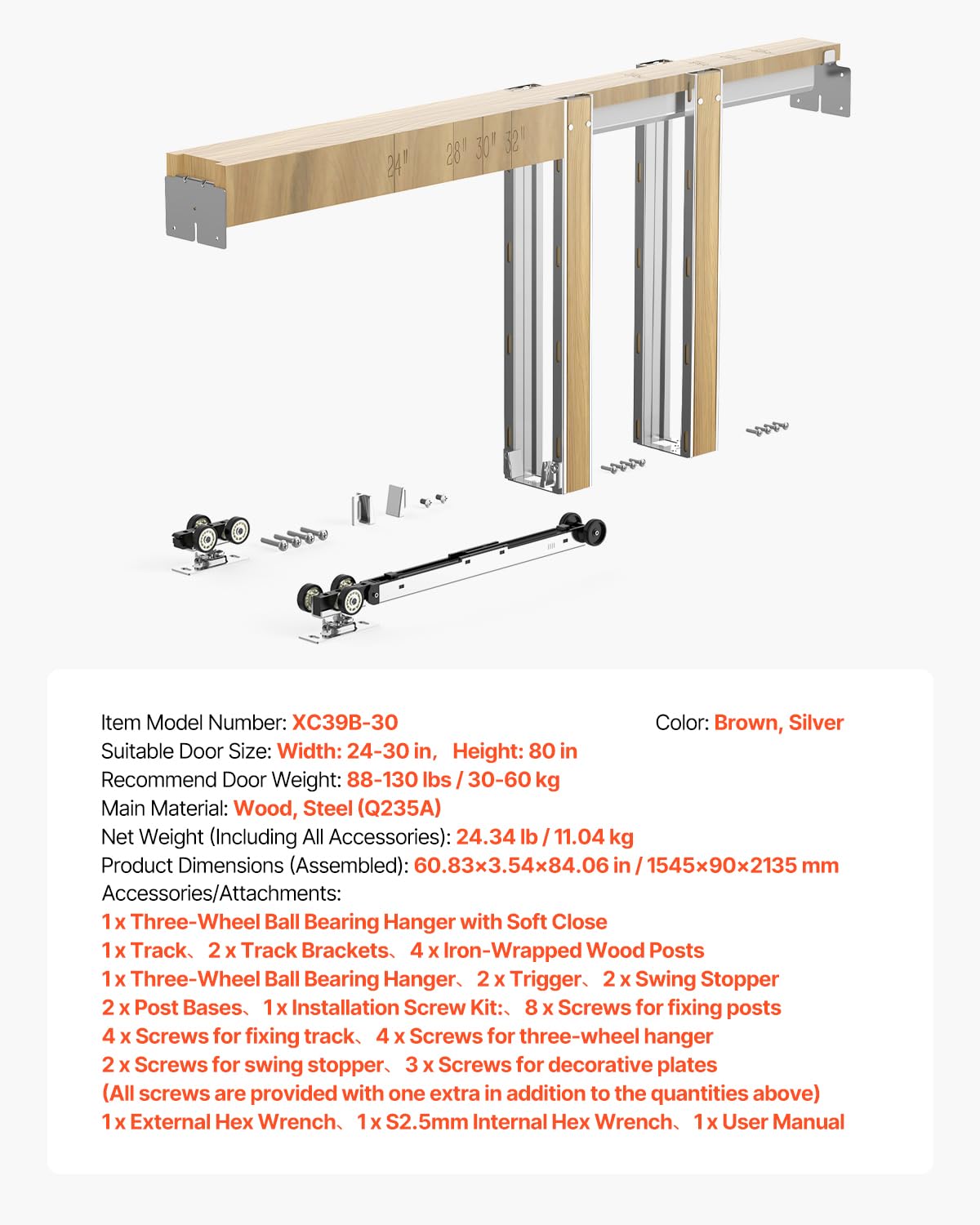 VEVOR Kit de Marco para Puerta Corrediza de Madera y Acero Galvanizado para Puertas de 610-762 mm de Ancho y 2032 mm de Alto con Mecanismo de Cierre suave Bidireccional para Sala de Estar, Oficina