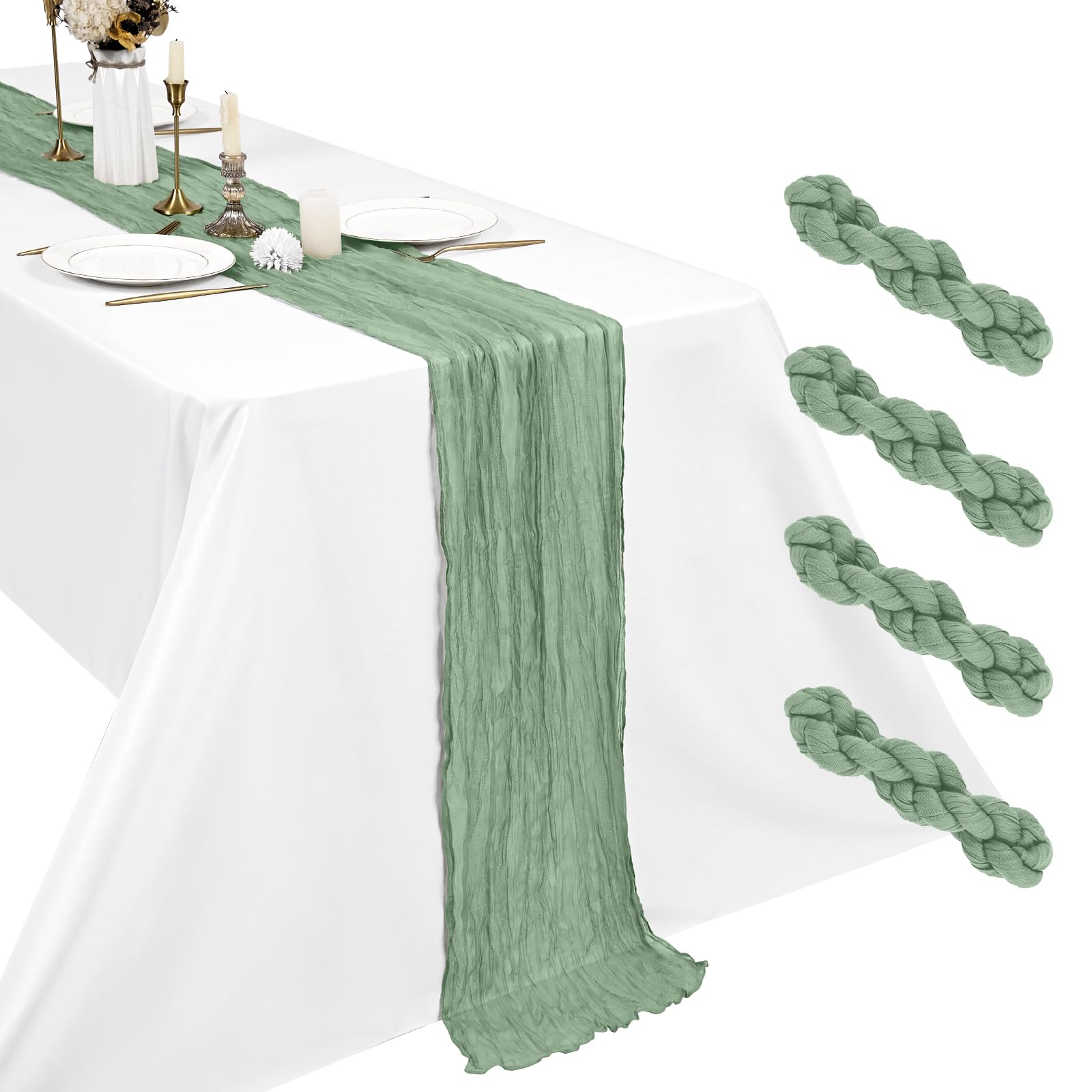 4 Pack Sage Green Cheesecloth Table Runner, 17.7 x 108 inch Boho Gauze Table Runner 45x275 cm Rustic Romantic Long Table Runner for Wedding Party Bridal Shower Christmas Decoration