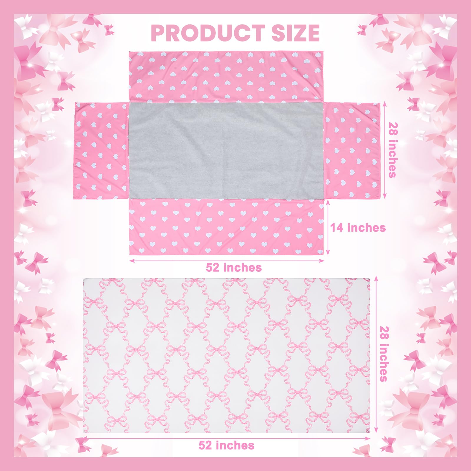 Hahafelt Juego de ropa de cama de 3 piezas para cuna de bebé, coqueta con lazo rosa, para niñas, coqueto, lazo de corazón rosa, incluye edredón, sábana bajera ajustable y falda