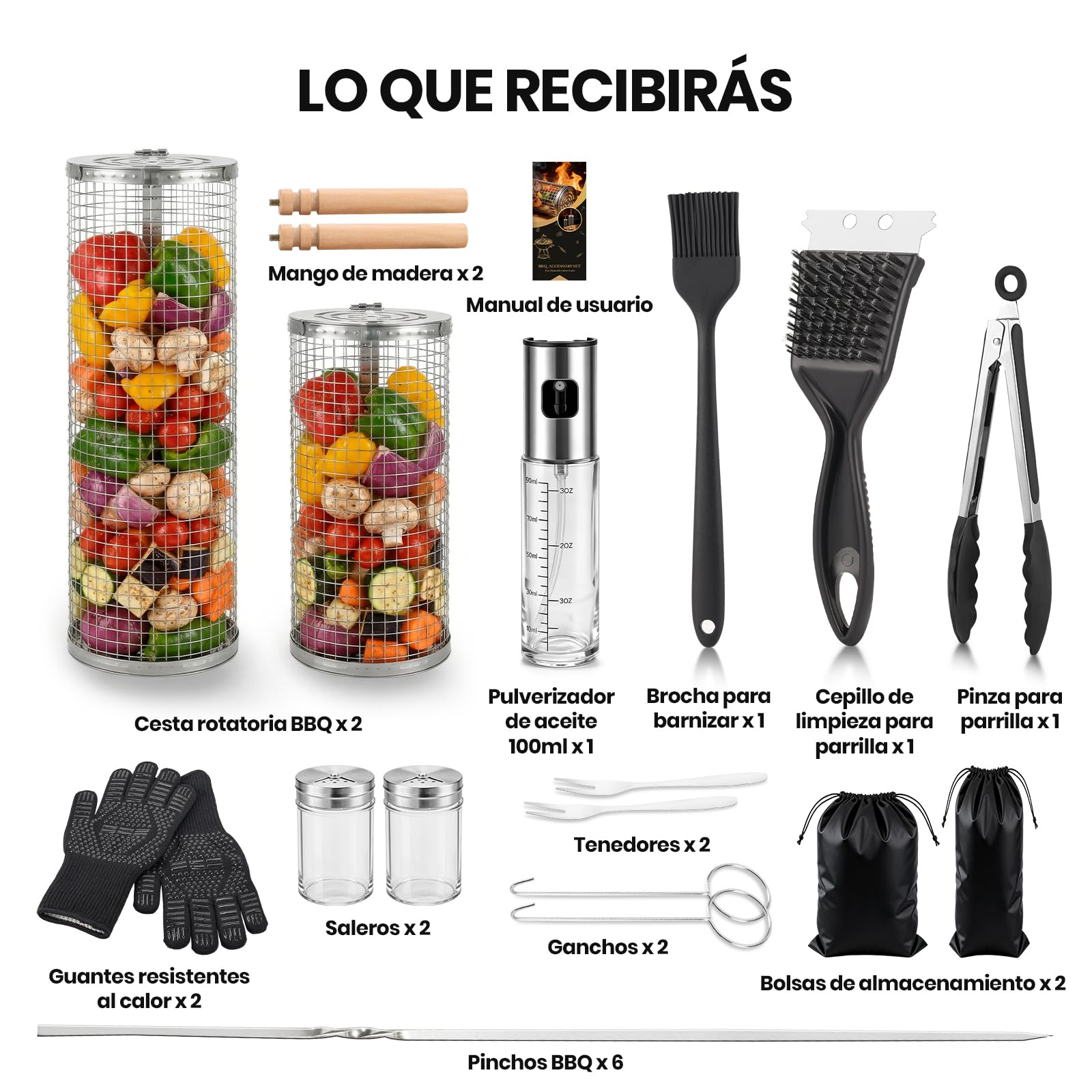18 Piezas Set de Cesta de Parrilla Rodante, Acero Inoxidable 304, Set Completo de Accesorios para Barbacoa con Pinzas, Guantes, Cepillo de Limpieza, Bolsa & Más, Regalo para Hombre Papá