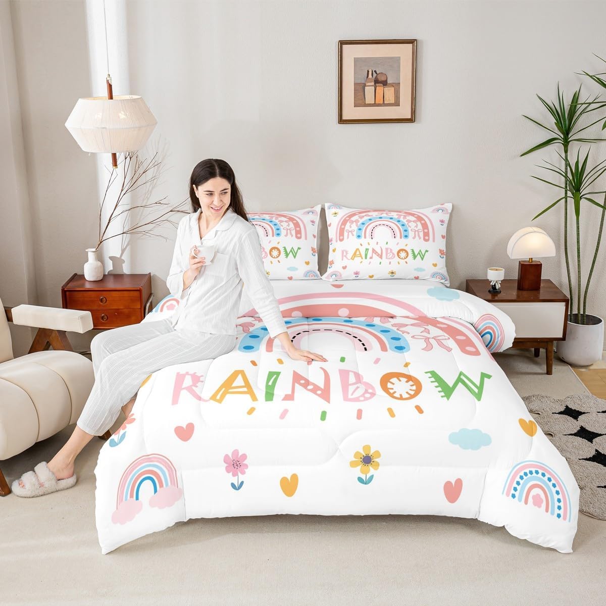 Feelyou Girls Rainbow Kids Comforter Set Twin Size Cute Bow Rainbow Bedding Set Cartoon Love Hearts Floral Duvet Quilt for Kids Boys Girls Bedroom Decor Microfiber Ultra Soft Breathable