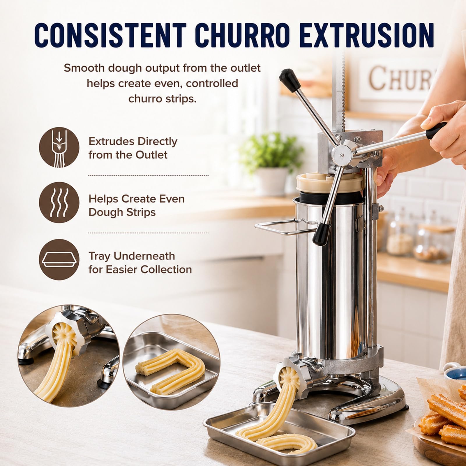 Máquina para Churros, Churrera Manual Profesional de Acero Inoxidable con 5 Moldes para Bar, Pastelería, Restaurante, Feria y Food Truck, para Venta de Churros 3L