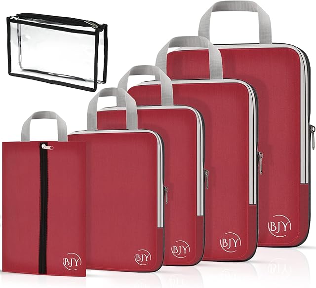 BJY Compression Packing Cubes - Pack of 5 (Burgundy) Travel accessories luggage organiser bags- packing cubes for suitcases with clear travel toiletry bag