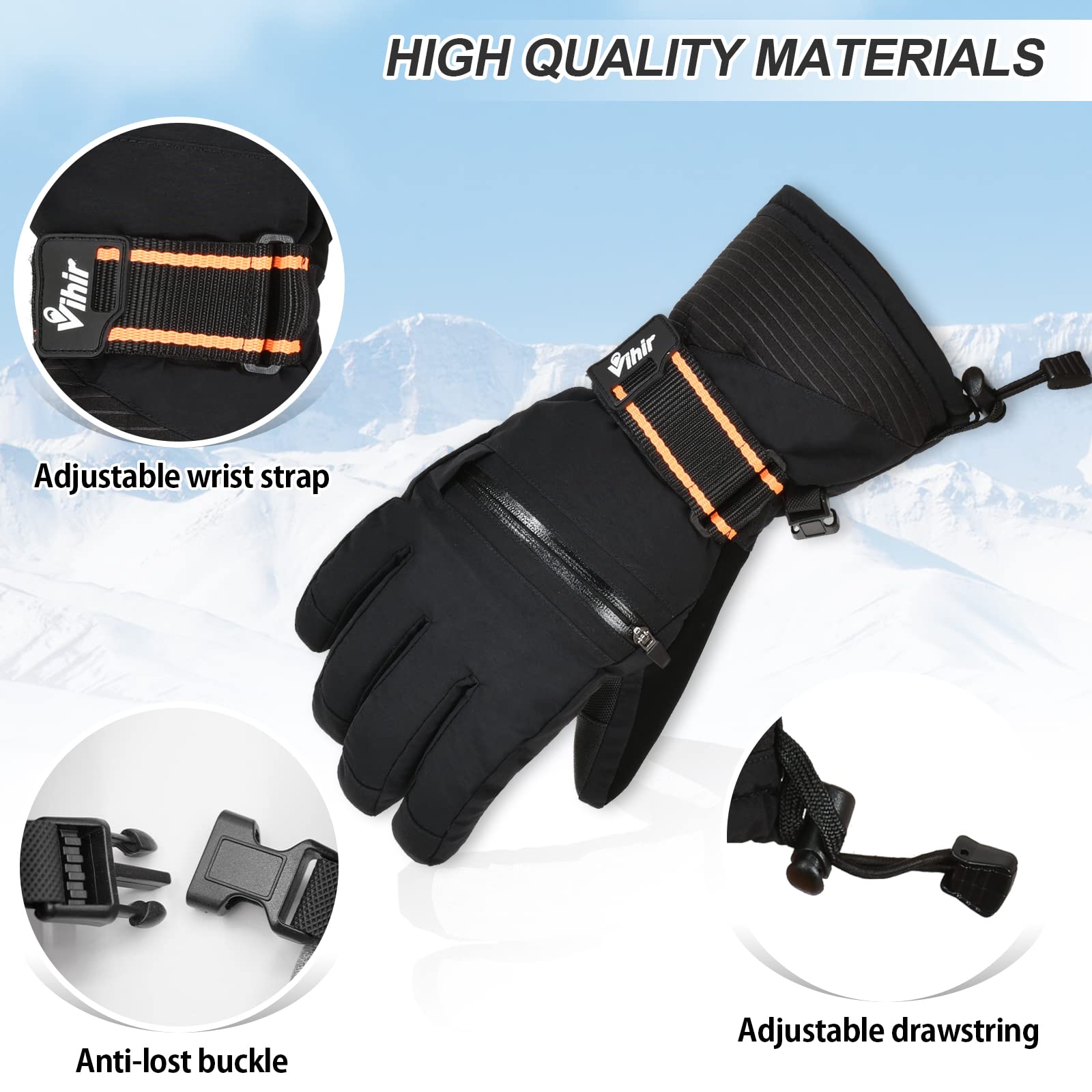 Vihir Guanti da Sci, Guanti da Snowboard Impermeabili Touchscreen 3M Thinsulate, Guanti Caldi da Ciclismo Invernali per Uomo Donna, Guanti Antiscivolo per Sci, Snowboard, Ciclismo, Arrampicata