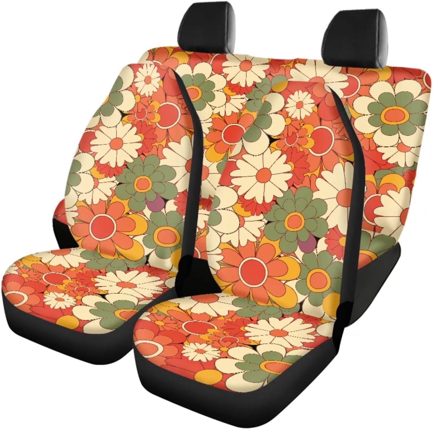 Groovy Flower Car Seat Cover for Women 12 Pcs，Beauty Hippie Floral Boho Coaster+15Inch Auto Steering Wheel Wrap+Keychains+Seatbelt Pads Universal Fit All Vehicles