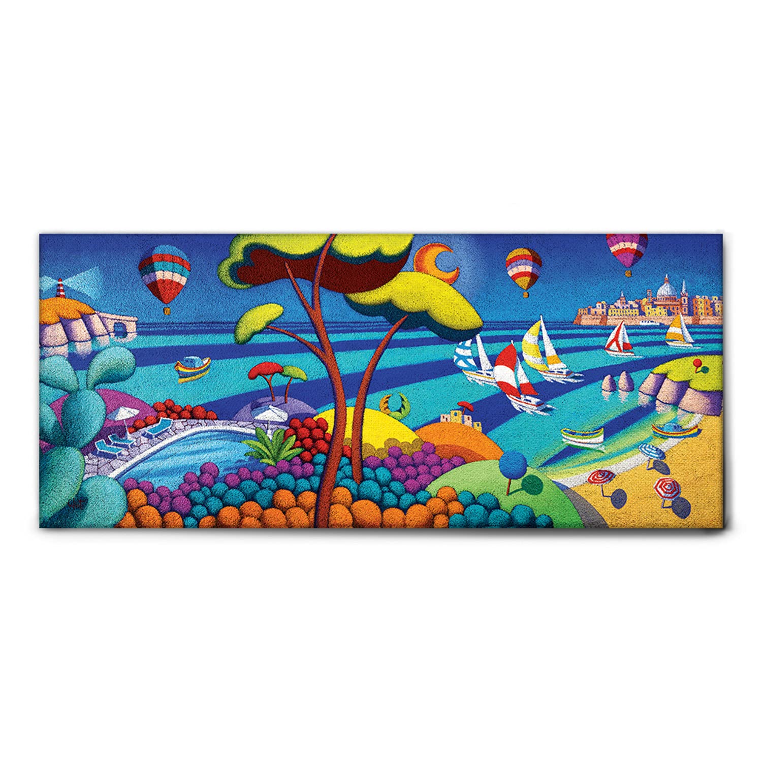 Giallobus - Quadro - Stefano Calisti - Mare d'estate con barche - Tela canvas - 140x60 - Pronto da appendere - Quadri moderni per la casa