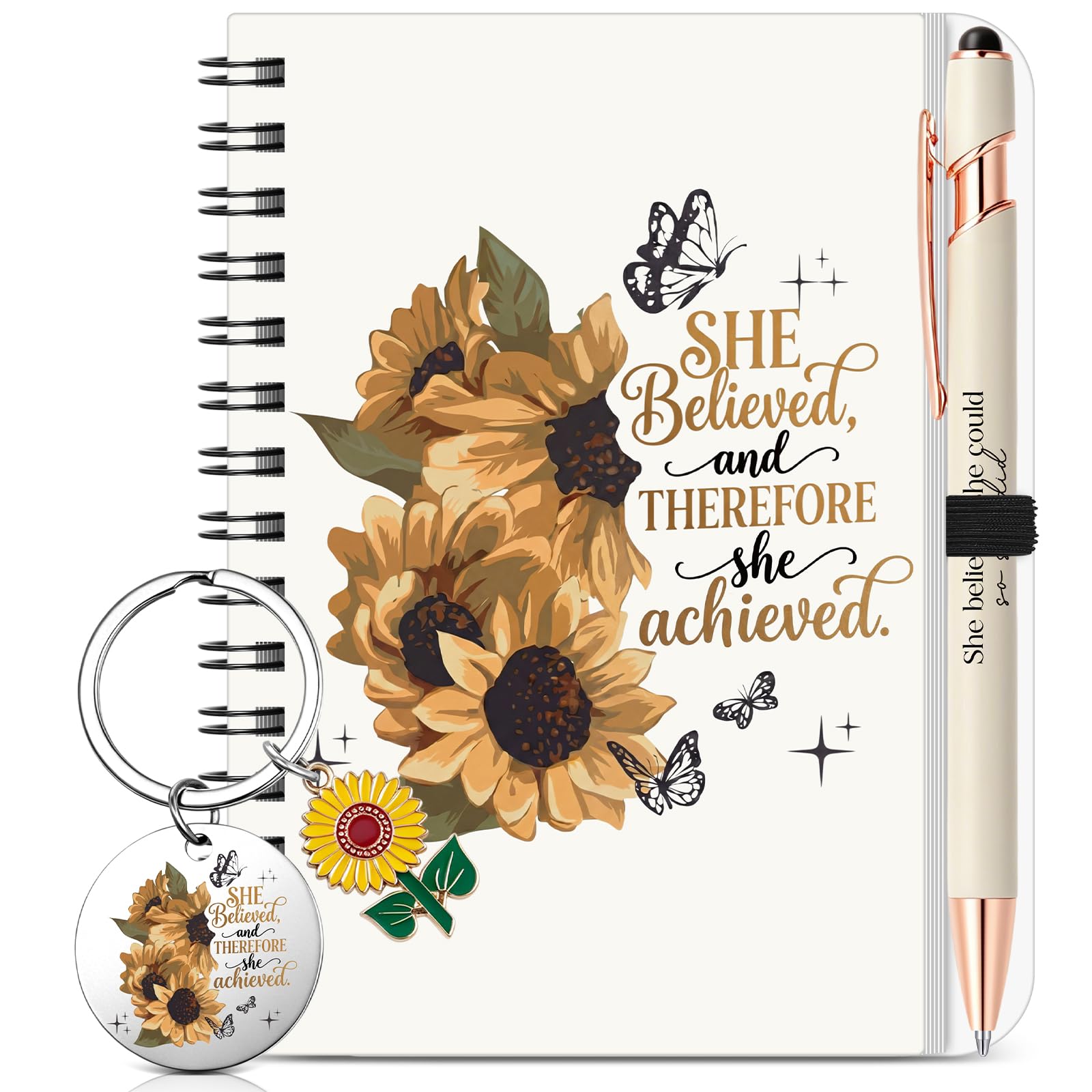 BBTO 3 Pcs Inspirational Gift Set for Women, Congratulations Gifts with Sunflower Keyrings Notebook and Ballpoint Pen, She Believed She Could for Her Graduation Daughter Sister Girlfriend