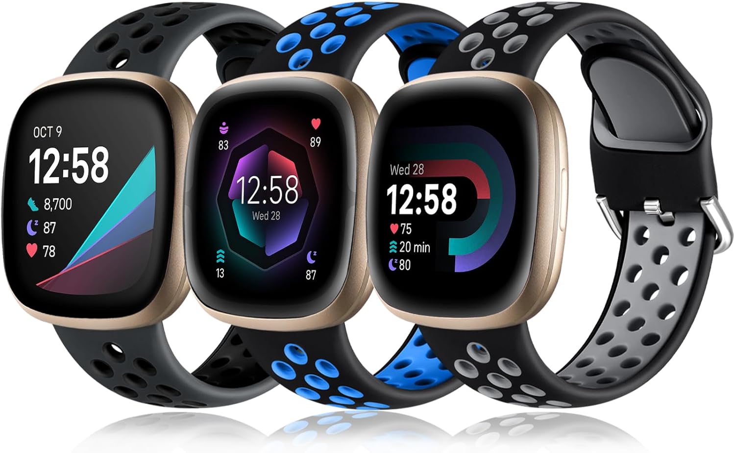 Getino Compatible with Fitbit Versa 3 Bands Fitbit Sense Bands Women Men, Breathable Duarable Replacement Sport Silicone Wristbands Accessories Strap with Air Holes Large Small