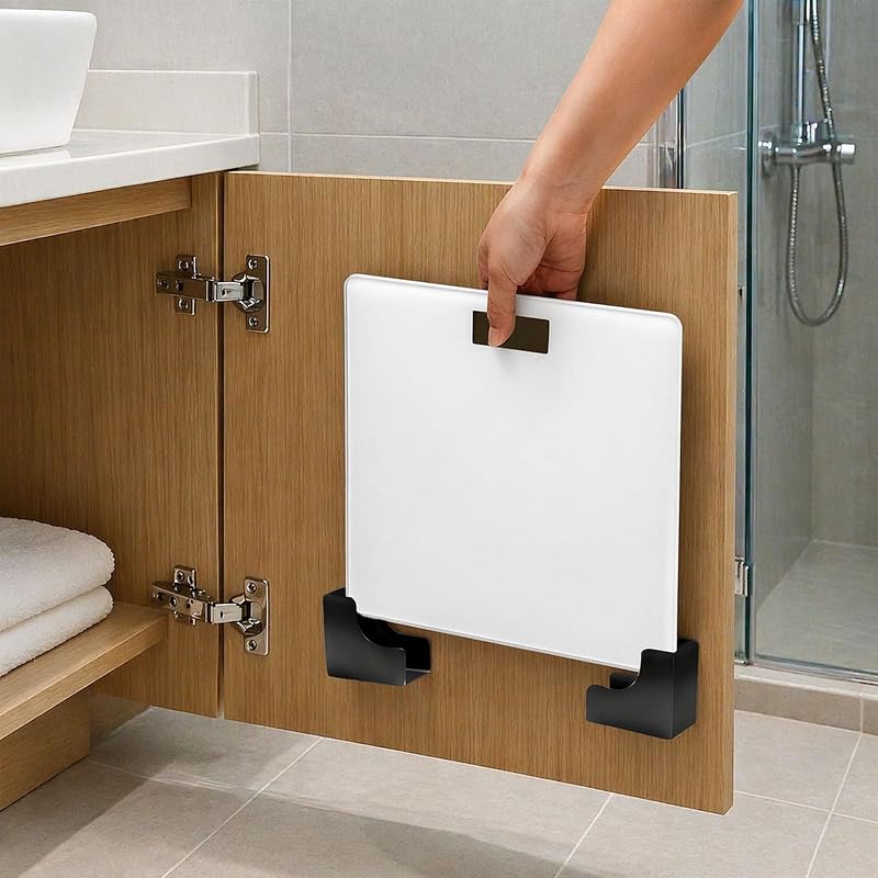 Scale Holder for Bathroom Wall, No Drill Wall Mount for Scale, Adjustable Self Adhesive Wall Organizer for Body Fat & Digital Scales, Abs Sturdy Organizers for Kitchen Gym Storage (black)