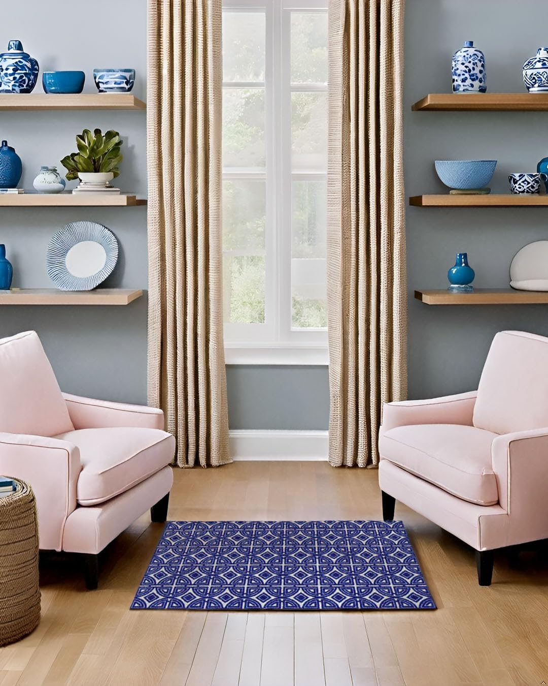 Cobalt Blue One-Piece Washable Rug, Large Door Mat for Entryway, Kitchen, Bathroom, Non-Slip Entry Mat, Indoor Doormat, Kid Friendly and Pet Friendly, Blue and White Chinoiserie Pattern, 27.5” x 47”