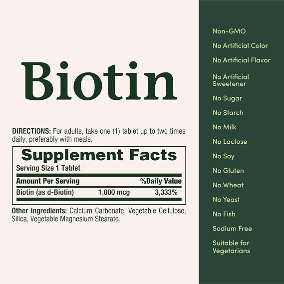 Nature's Bounty Biotin, Supports Metabolism for Energy and Healthy Hair, Skin, and Nails, 1000 mcg, 100 Tablets