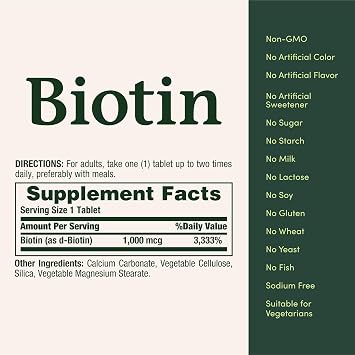 Nature's Bounty Biotin, Supports Metabolism for Energy and Healthy Hair, Skin, and Nails, 1000 mcg, 100 Tablets