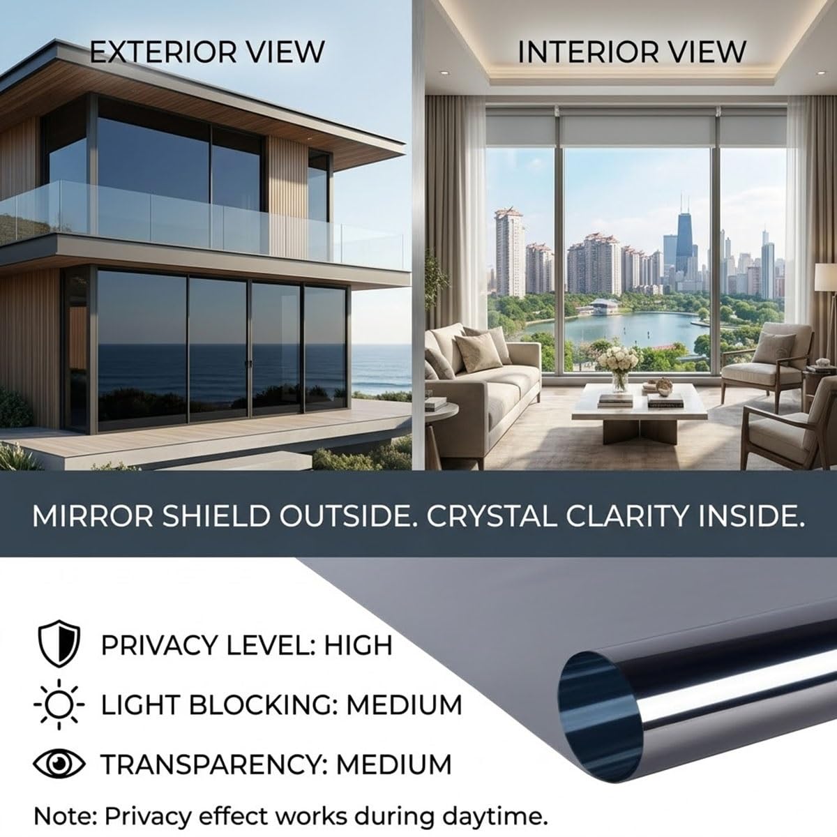 Rideau Enrouleur Thermique Transparent, Film Vitrage Miroir Unidirectionnel, Store Anti-Éblouissement sans Trou Ni Vis, Protection UV Chaleur Adhésive Salon Appartement