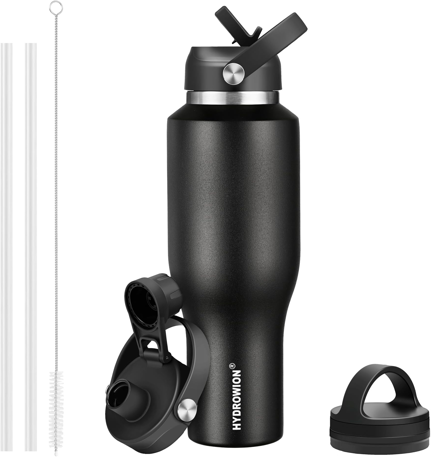 HYDROWION 40 oz Insulated Water Bottle with Straw fit in Car Cup Holder(Cold 48 hrs, Hot 24 hrs) Drinking Bottle with Straw Lid, Spout Lid and Flex Cap Leakproof Travel Thermo Mug，Black