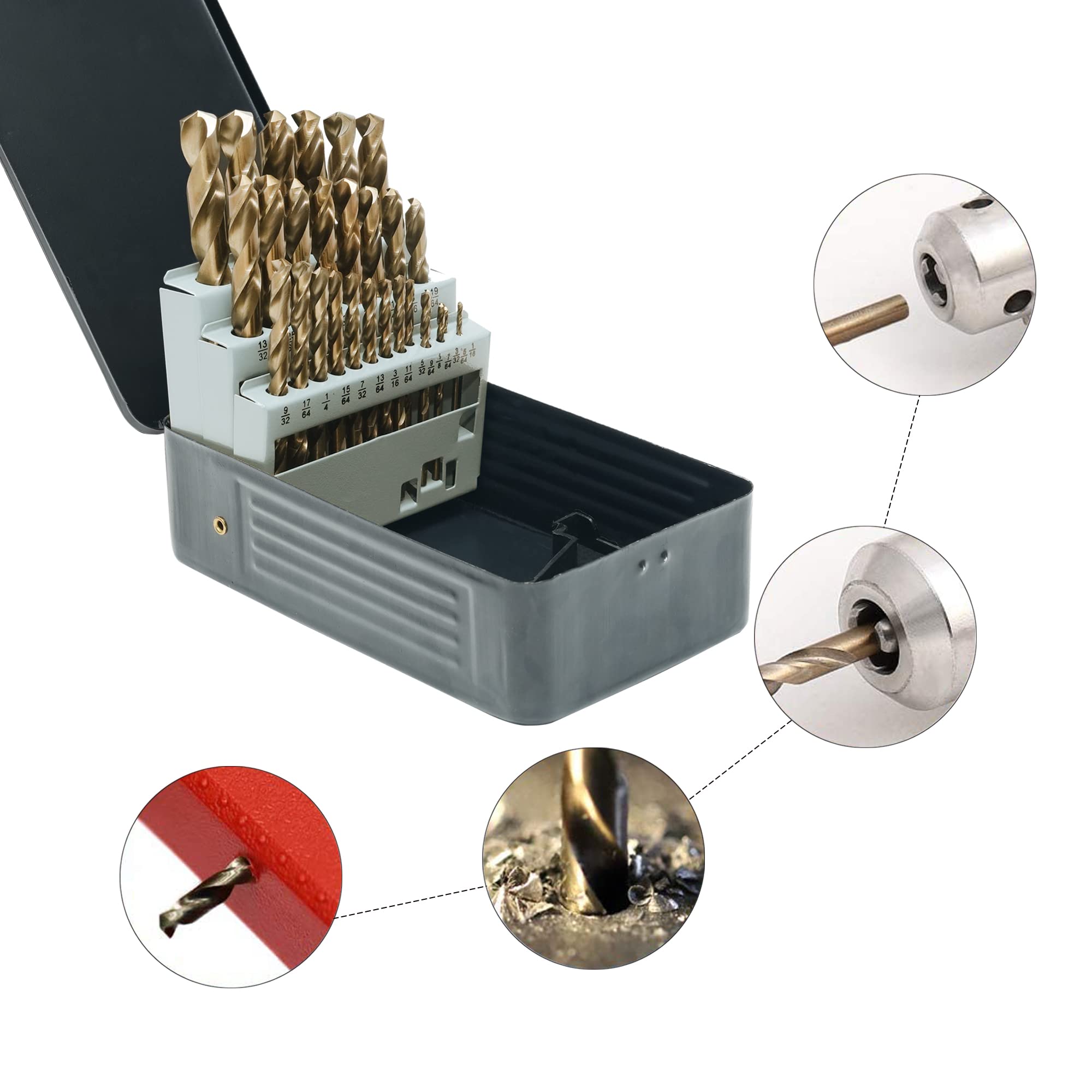 GMTOOLS Juego de 29 brocas de cobalto, acero de alta velocidad M35, punta de 135 grados, kit de brocas de longitud de trabajo para metal endurecido, hierro fundido, acero inoxidable, plástico y