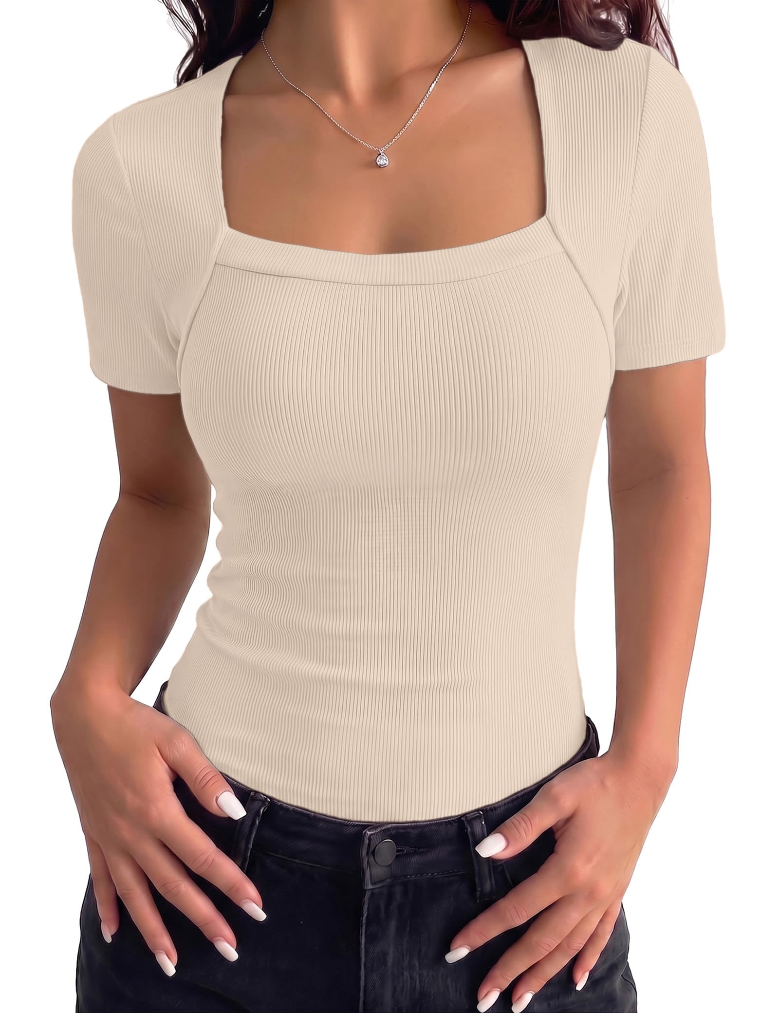 Aottori Tshirt Damen Kurzarm mit Eckigem Ausschnitt Geripptes Basic Shirt Sommer Oberteil Slim Fit Stretch Top