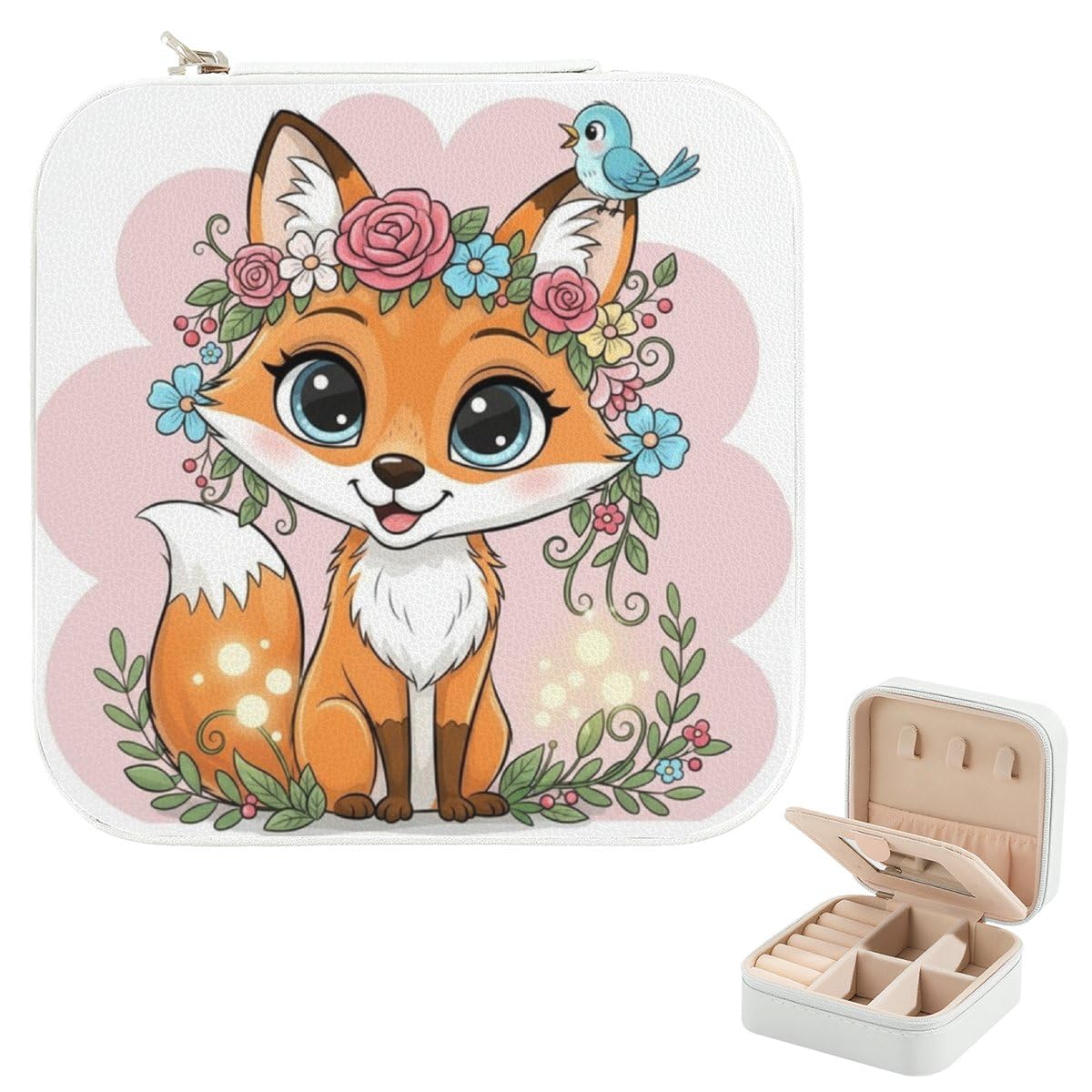 Mini Jewelry Travel Case Pastel Cute Fox Floral Jewelry Box for Teens Earring Case Organizer Small Boxes Travel