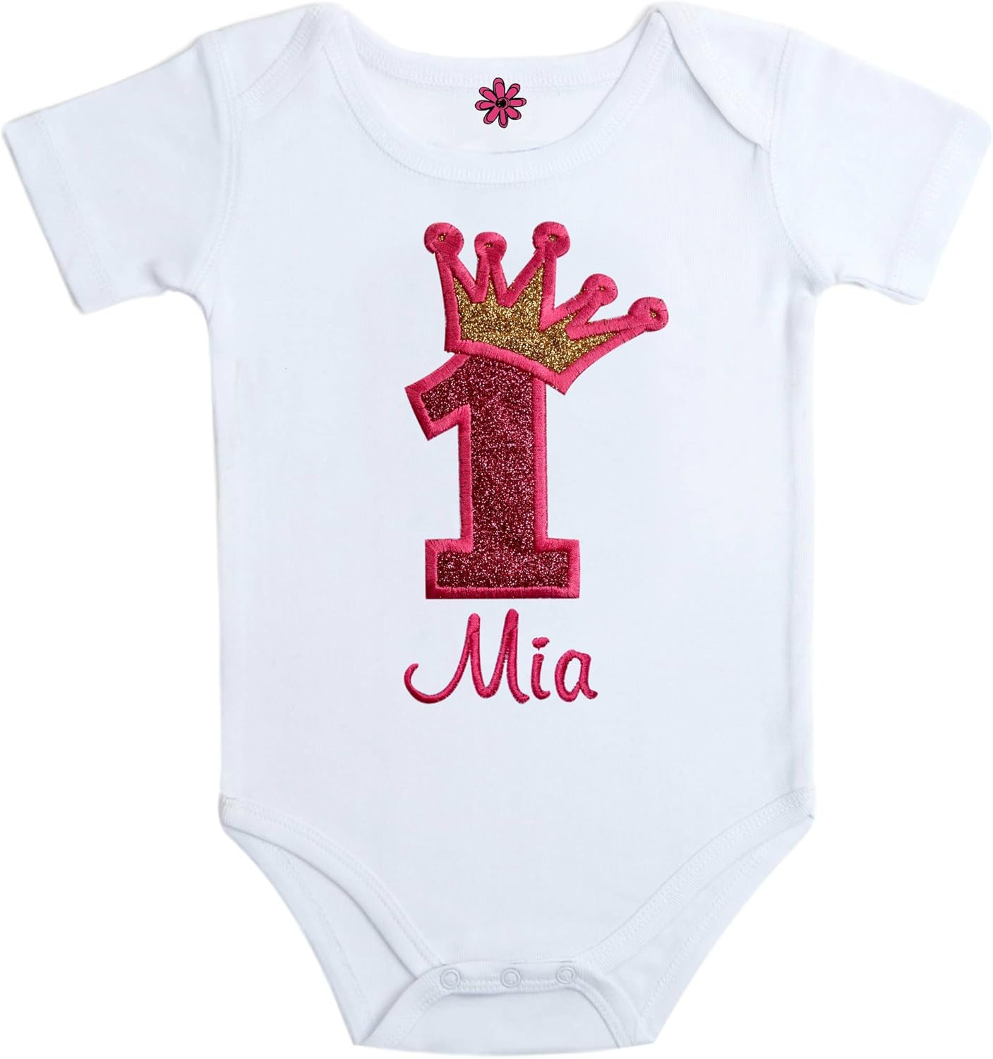 Baby Girl 1st Birthday Outfit Bodysuit Sparkling Glitter Crown with Custom Name and Matching Headband