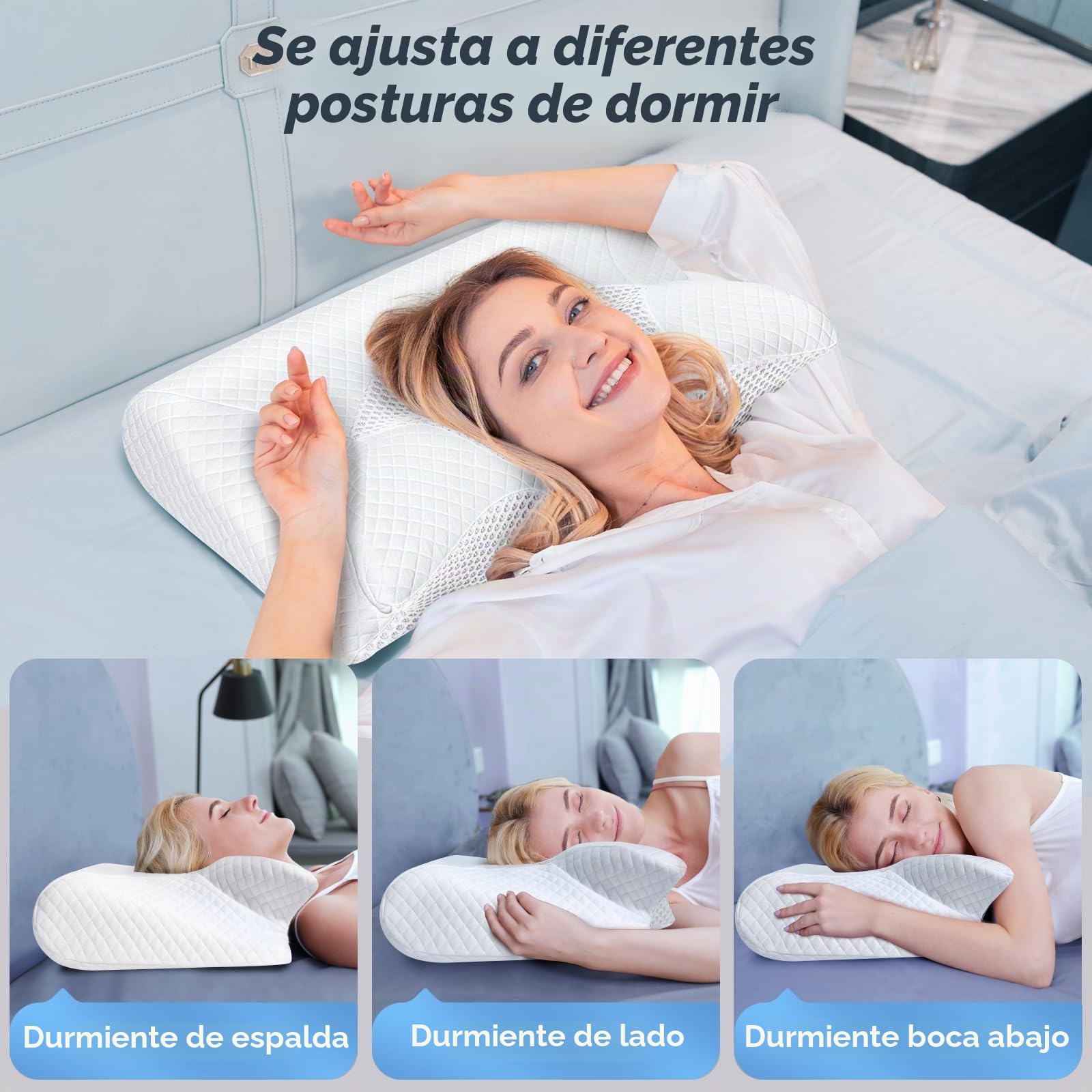 SAHEYER Almohada Cervicales y Cuello Espuma de Memoria,59x43x15/12cm,Blanco