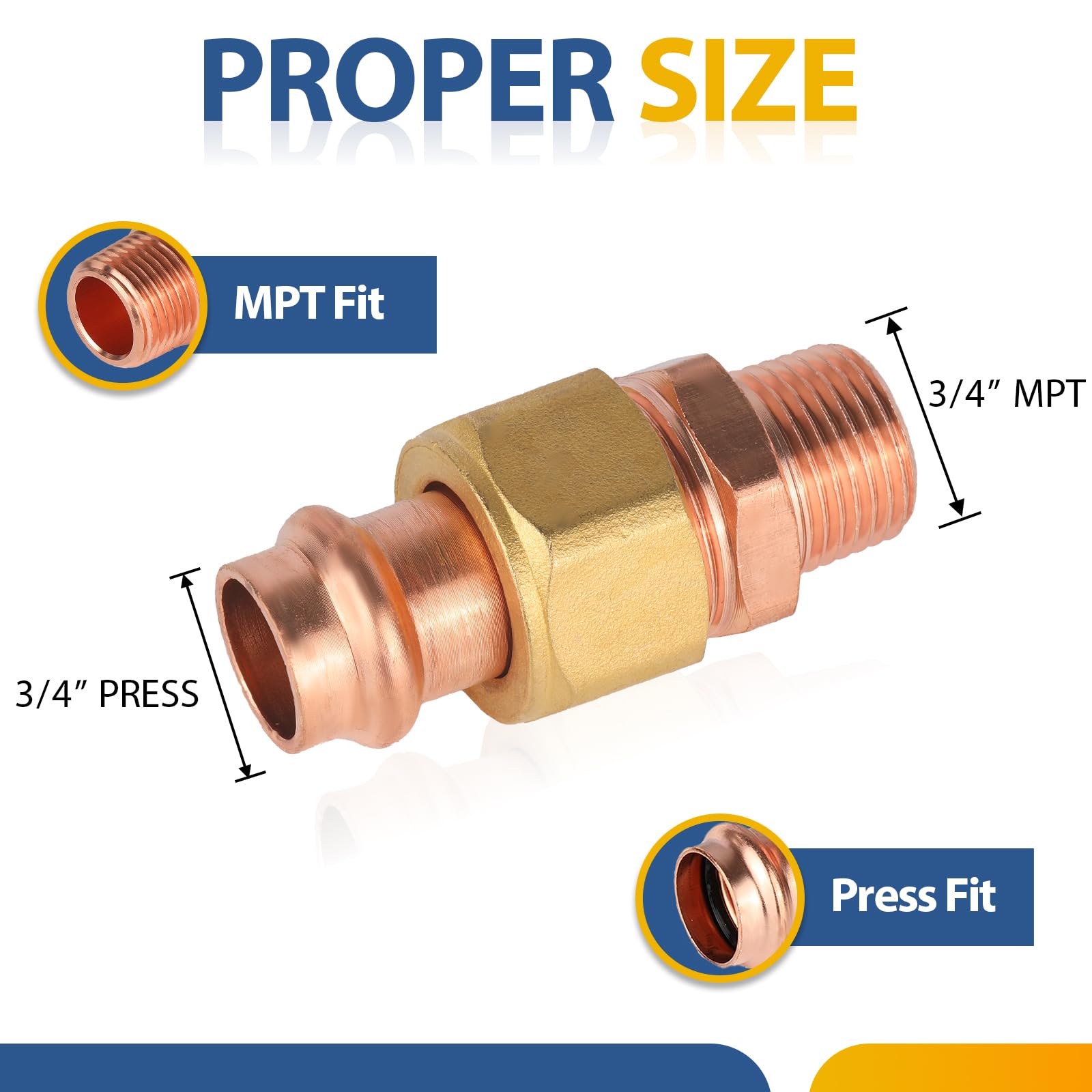 (Paquete de 50) Conectores de unión de Cobre a presión GUOFIS, 3/4" a presión x 3/4" Macho, unión LF de Cobre a presión Macho (PRESS072-50Pack)