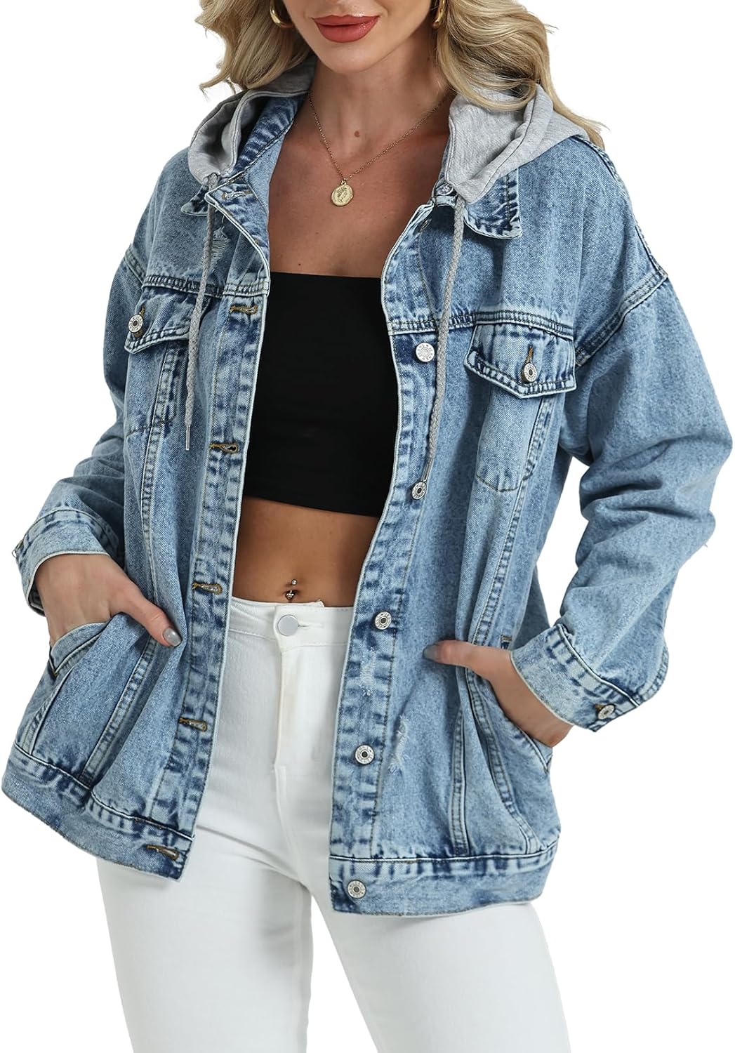 Women's Oversized Denim Jacket Long Distressed Ripped Trucker Jean Jackets Coat With Detachable Hood - Image 4