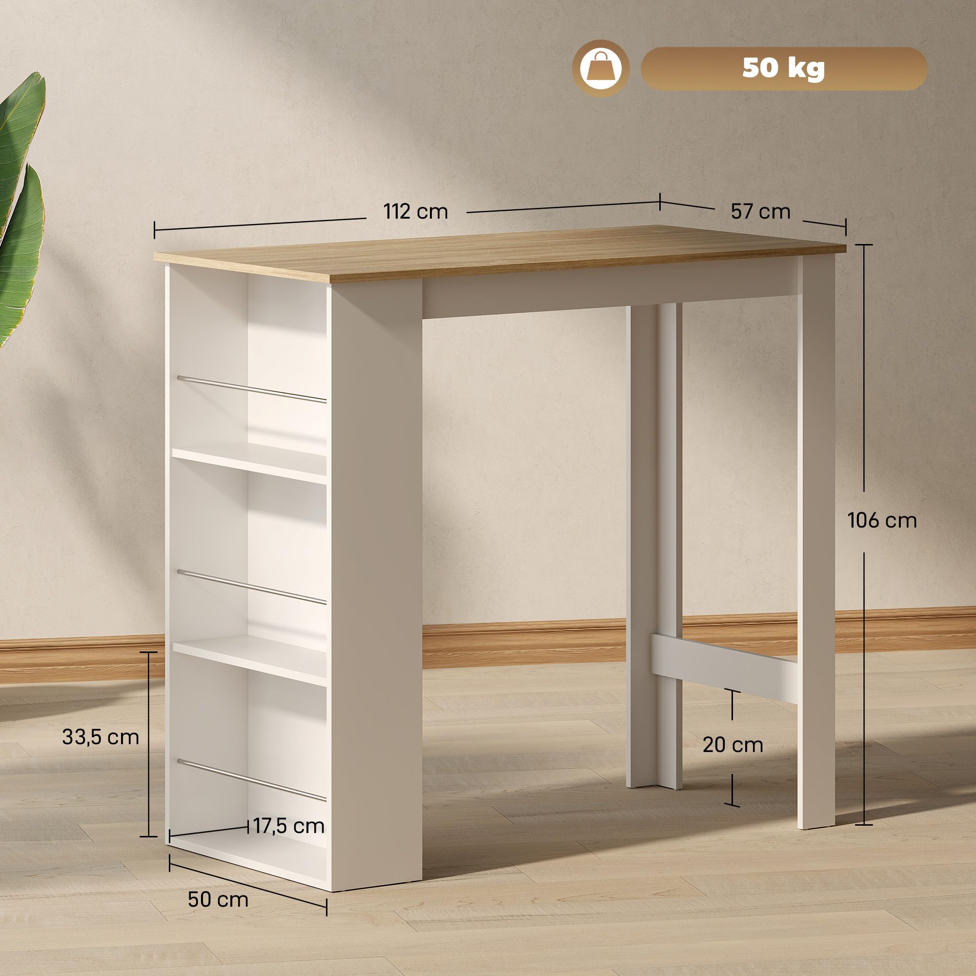 HOMCOM Table de Bar Table Haute de Cuisine Mange-Debout comptoir - dim. 112L x 57l x 106H cm - 3 étagères - Aspect chêne Clair Blanc