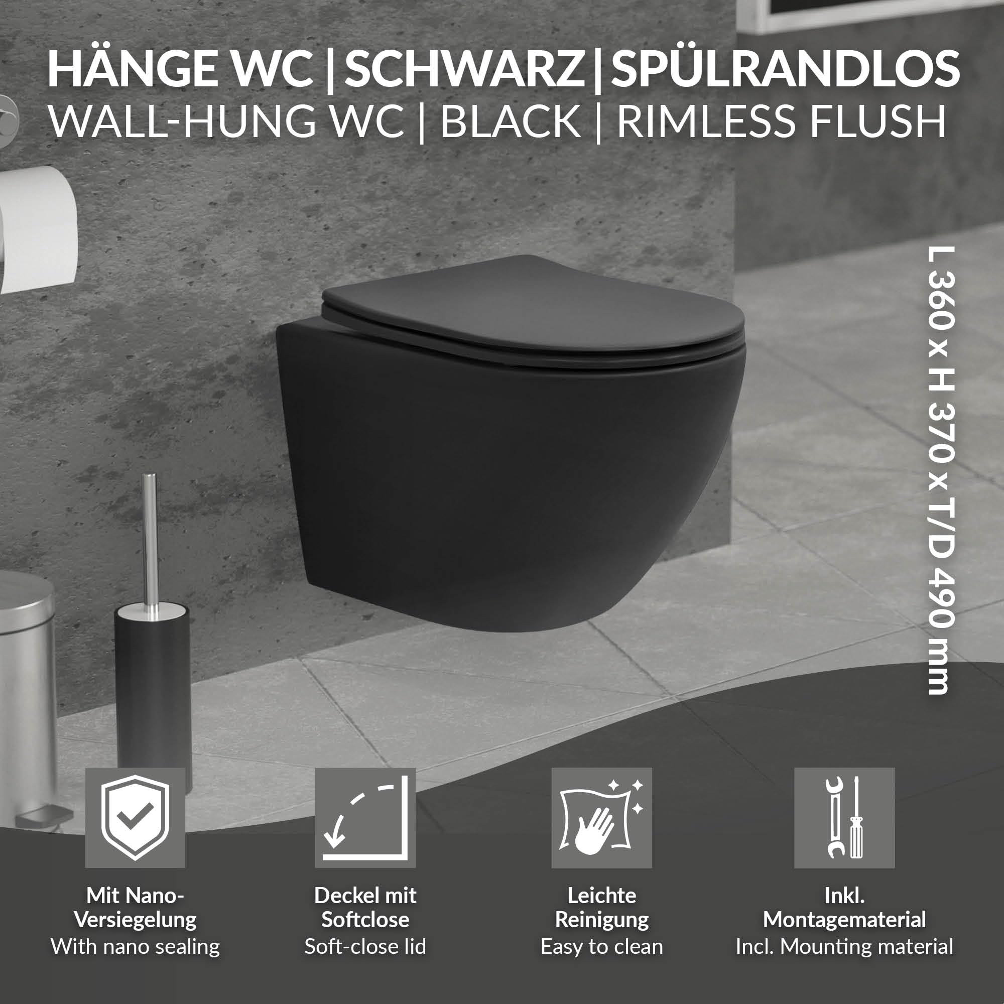 LuxeBath Inodoro Suspendido de Pared sin Descarga Diseño Cerámica Negro Mate WC con Asiento Extraíble de Duroplast Sanitario con Mecanismo de Cierre Suave Lavado de Corta Proyección 49 cm