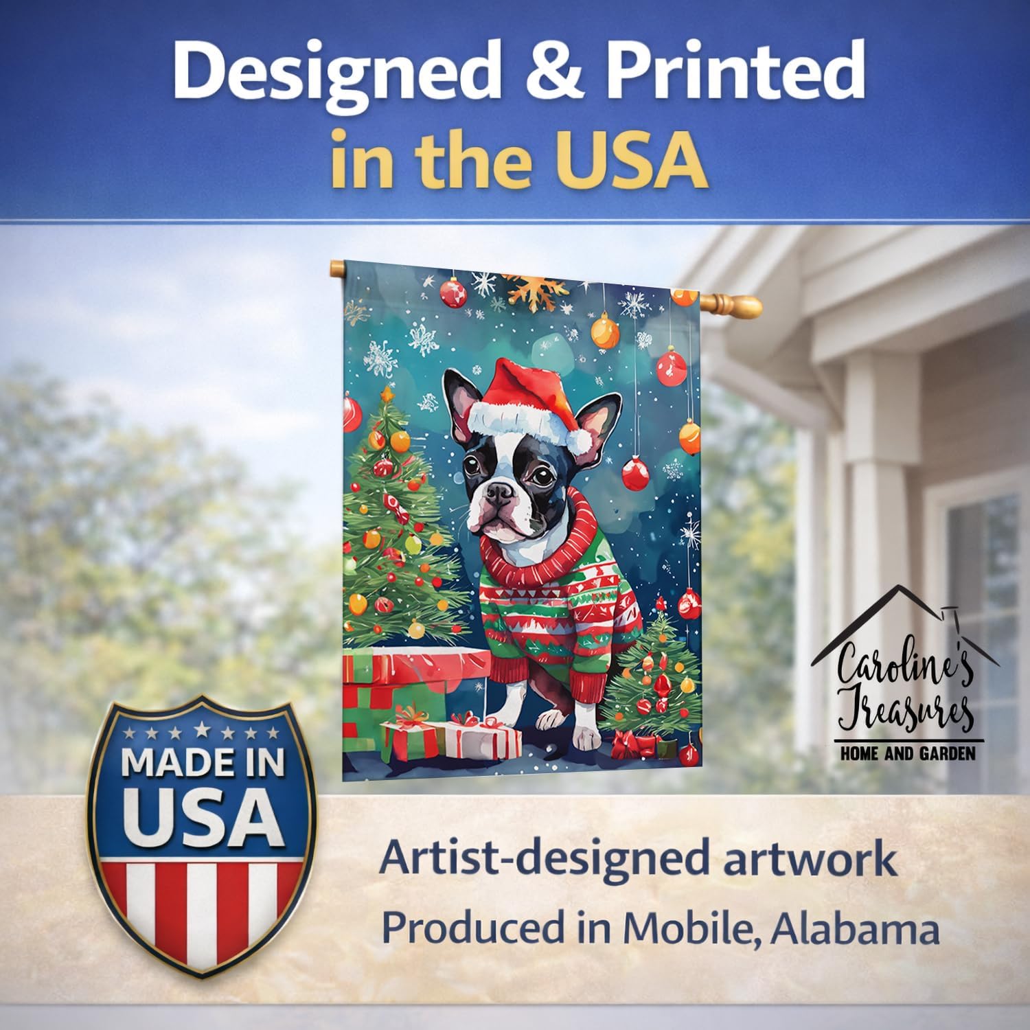 Caroline's Treasures DAC3380CHF Boston Terrier Christmas House Flag Large Porch Sleeve Pole Decorative Outside Yard Banner Artwork Wall Hanging, Polyester, House Size, Multicolor