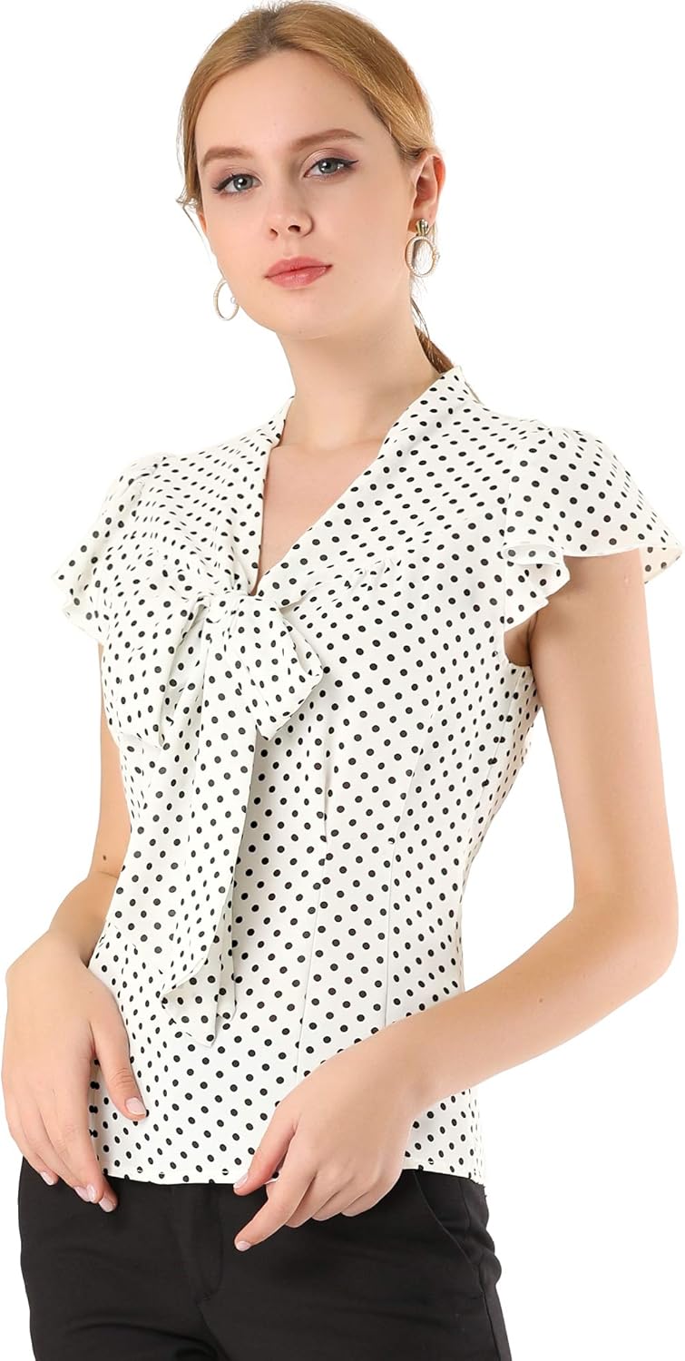 Allegra K Women's Polka Dots Tops Summer Ruffled Cap Sleeve Casual Office Bow Tie Neck Blouse - Image 4