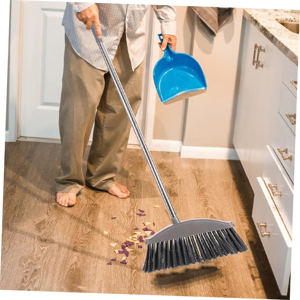 MOLUCKFU Stainless Steel Combination Broom and Dustpan Set Long Handle Broom for Home for Room Cleaning