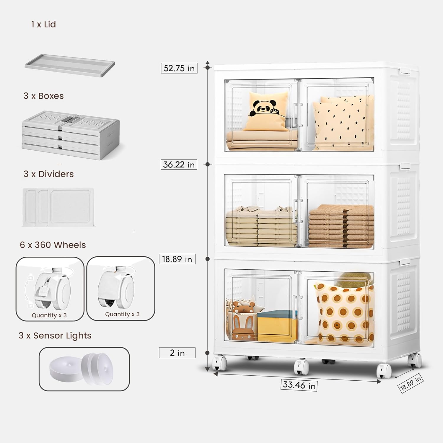 FINCHESCLUB 568QT/141Gal XL Stackable Storage Bins with Lids, Foldable Storage Bins with Doors, Wheels, and Lights - Collapsible Closet Cabinets for Home Office, 3 Pack - White
