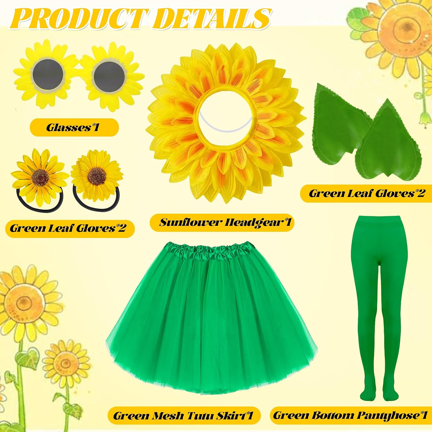 Yi-gog Sunflower Costume Set for Adult 8Pcs Yellow Flower Halloween Accessory Women Tutu Skirt Headgear Glasses Glove Tights