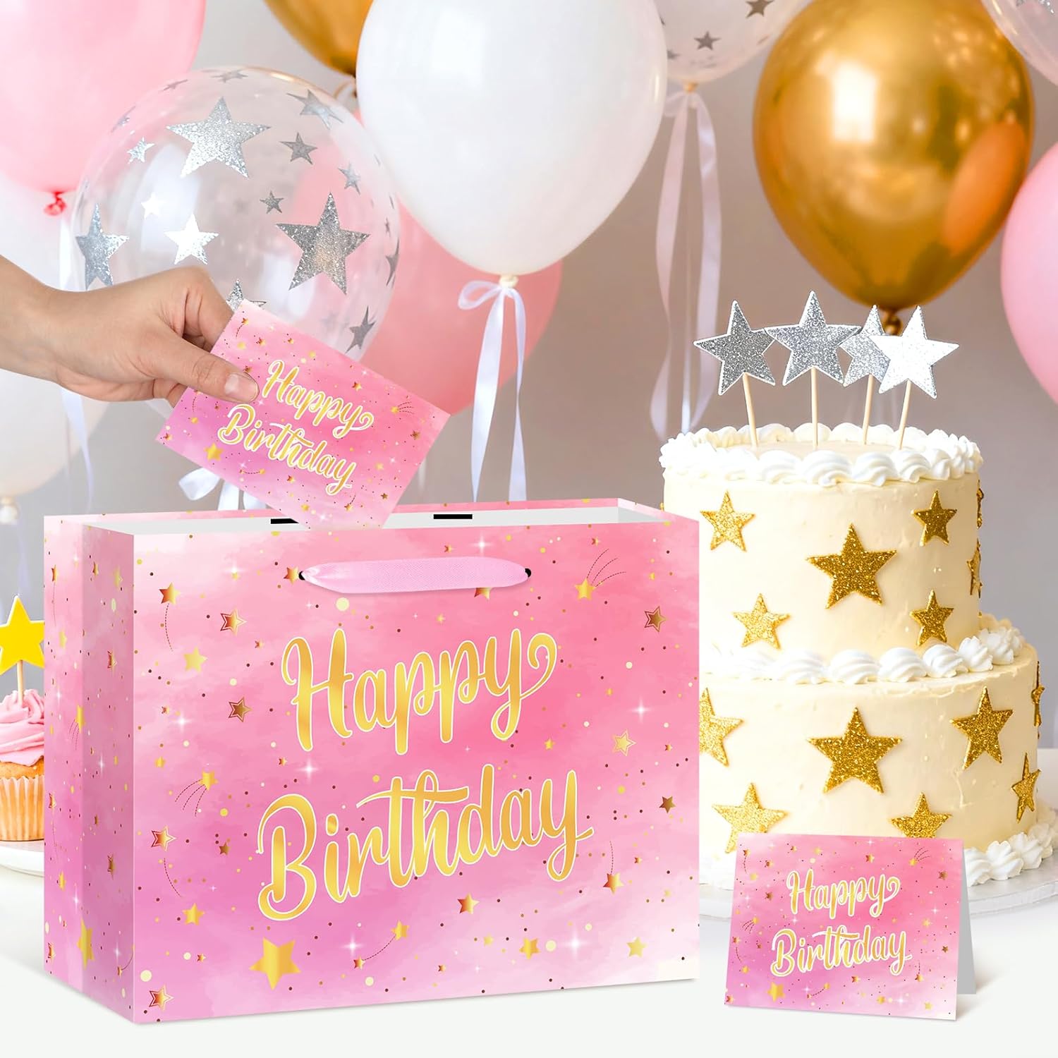 Neptniopllab 13" Premium Pink Gold Star Gift Bag with Handles - Elegant Paper Gift Bag Set with Tissue & Greeting Card for Women Girls Birthday Bridal Shower Baby Shower & Party Gifts - Image 7